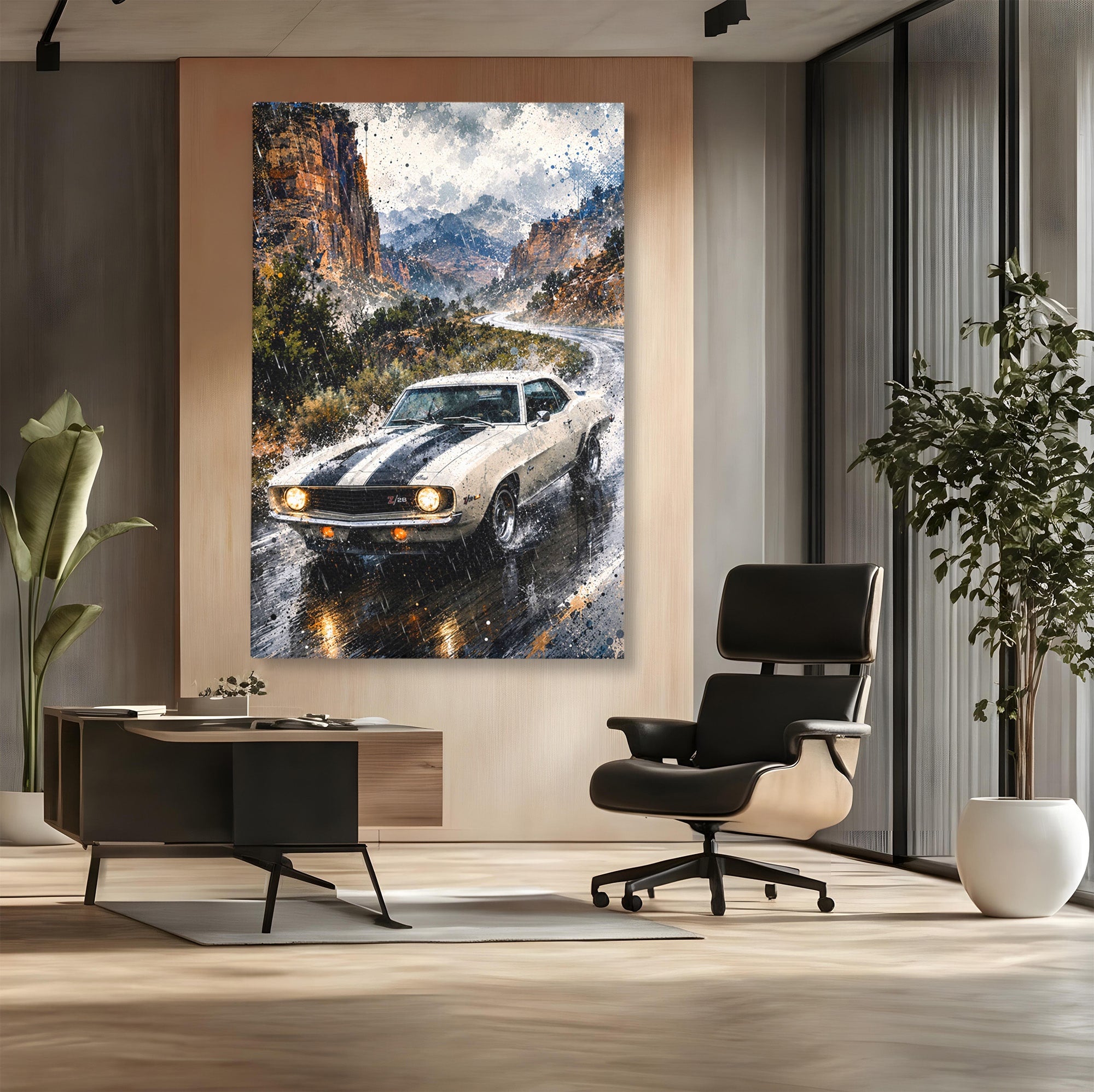 Tablou Canvas Premium LuxCanva® PI1246, Masina In Ploaie, Roti, Ploaie, Peisaj, Retro, Living, Culori Vibrante
