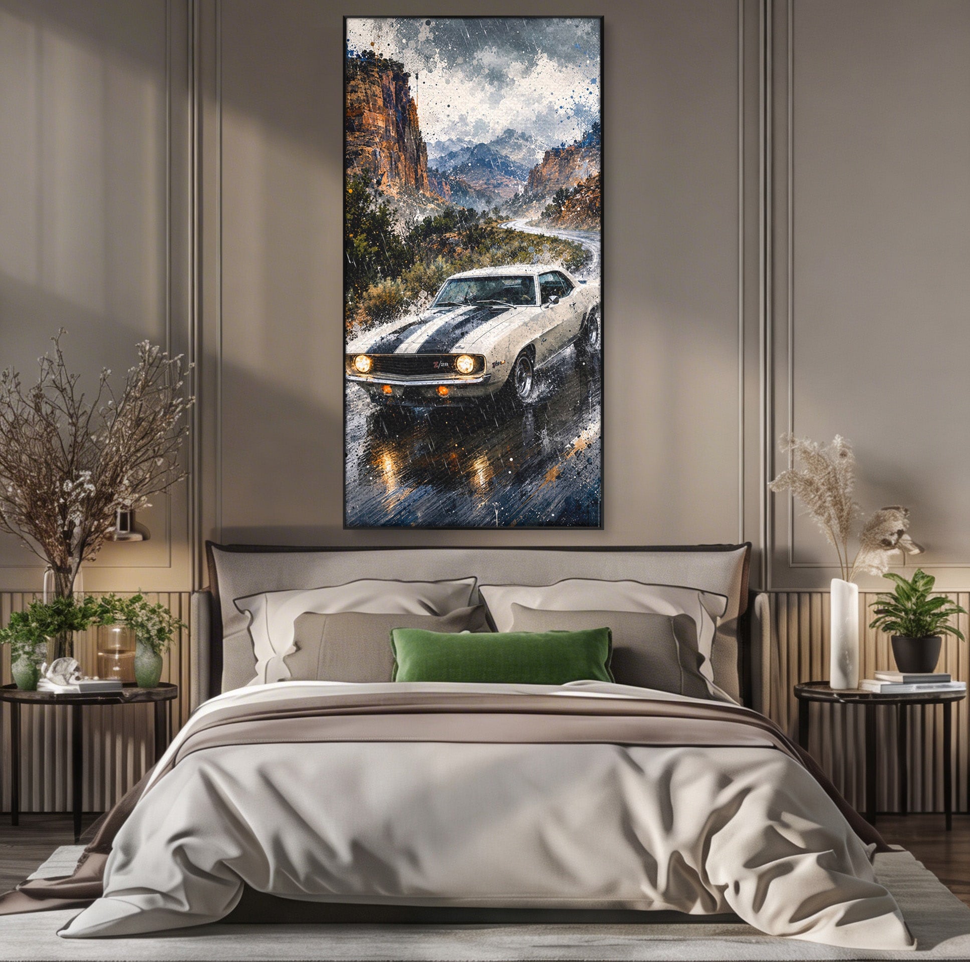 Tablou Canvas Premium LuxCanva® PI1246, Masina In Ploaie, Roti, Ploaie, Peisaj, Retro, Living, Culori Vibrante