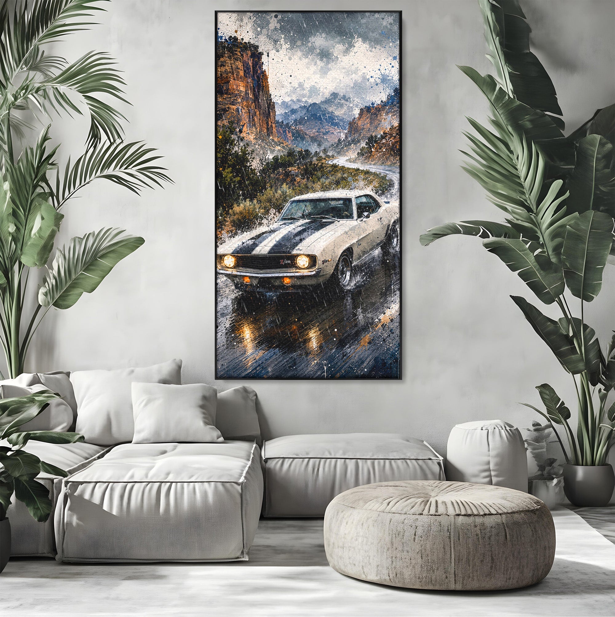 Tablou Canvas Premium LuxCanva® PI1246, Masina In Ploaie, Roti, Ploaie, Peisaj, Retro, Living, Culori Vibrante