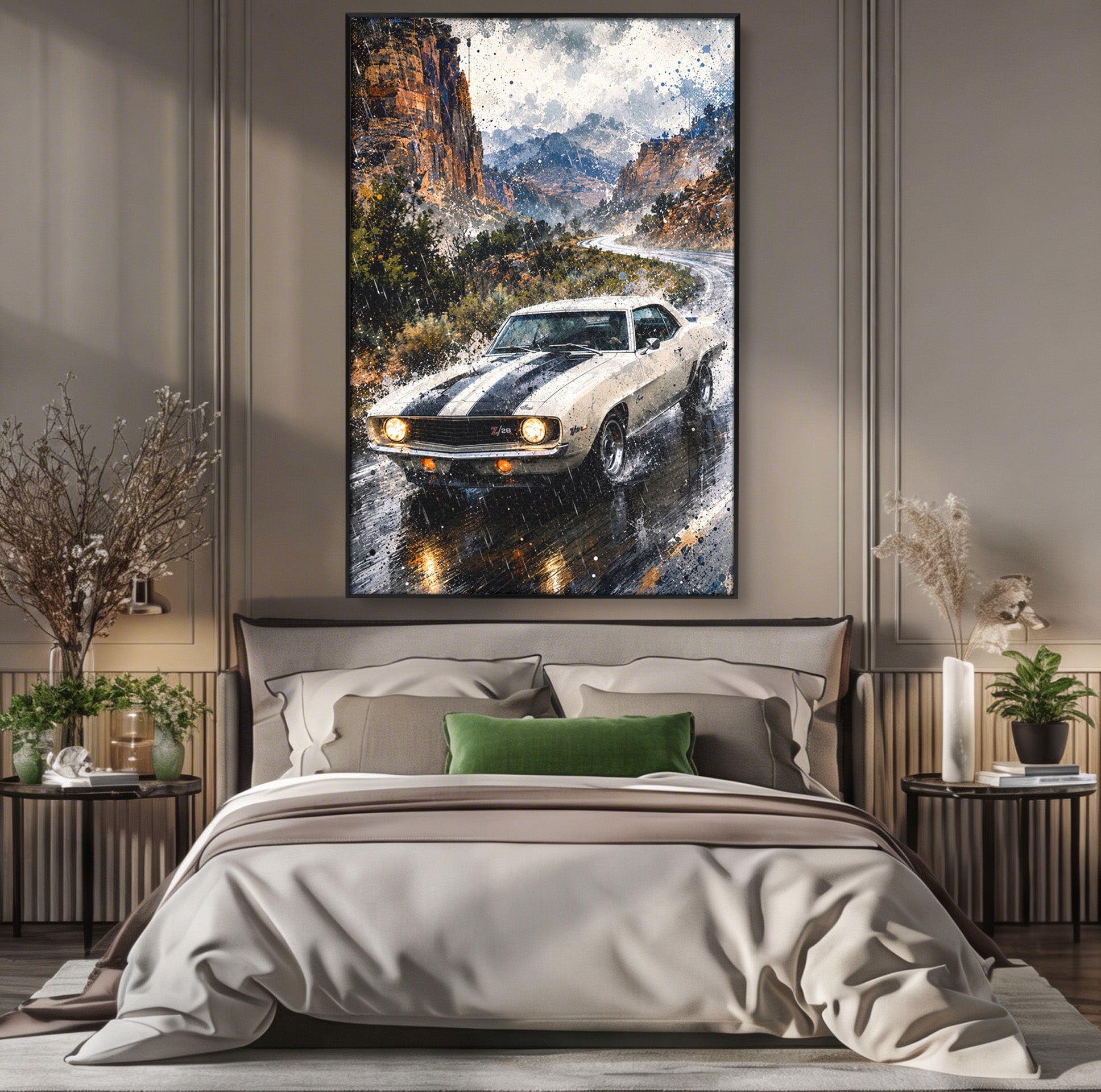 Tablou Canvas Premium LuxCanva® PI1246, Masina In Ploaie, Roti, Ploaie, Peisaj, Retro, Living, Culori Vibrante