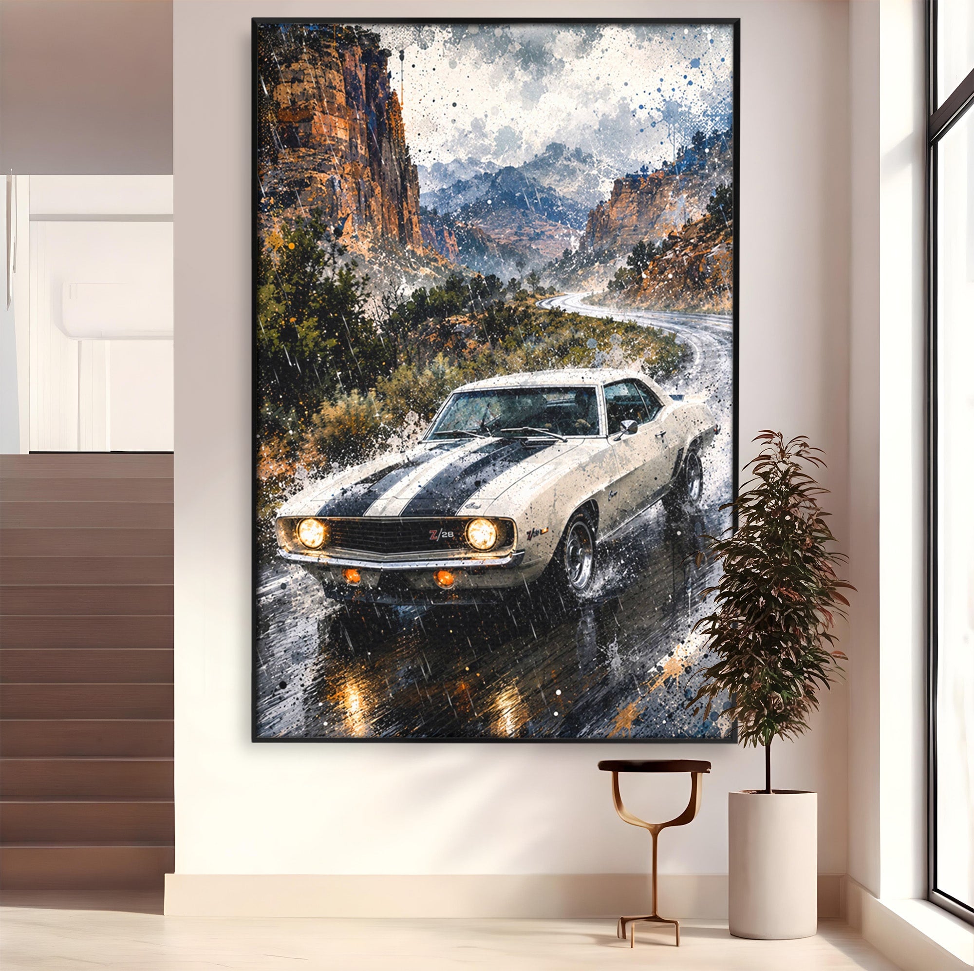 Tablou Canvas Premium LuxCanva® PI1246, Masina In Ploaie, Roti, Ploaie, Peisaj, Retro, Living, Culori Vibrante