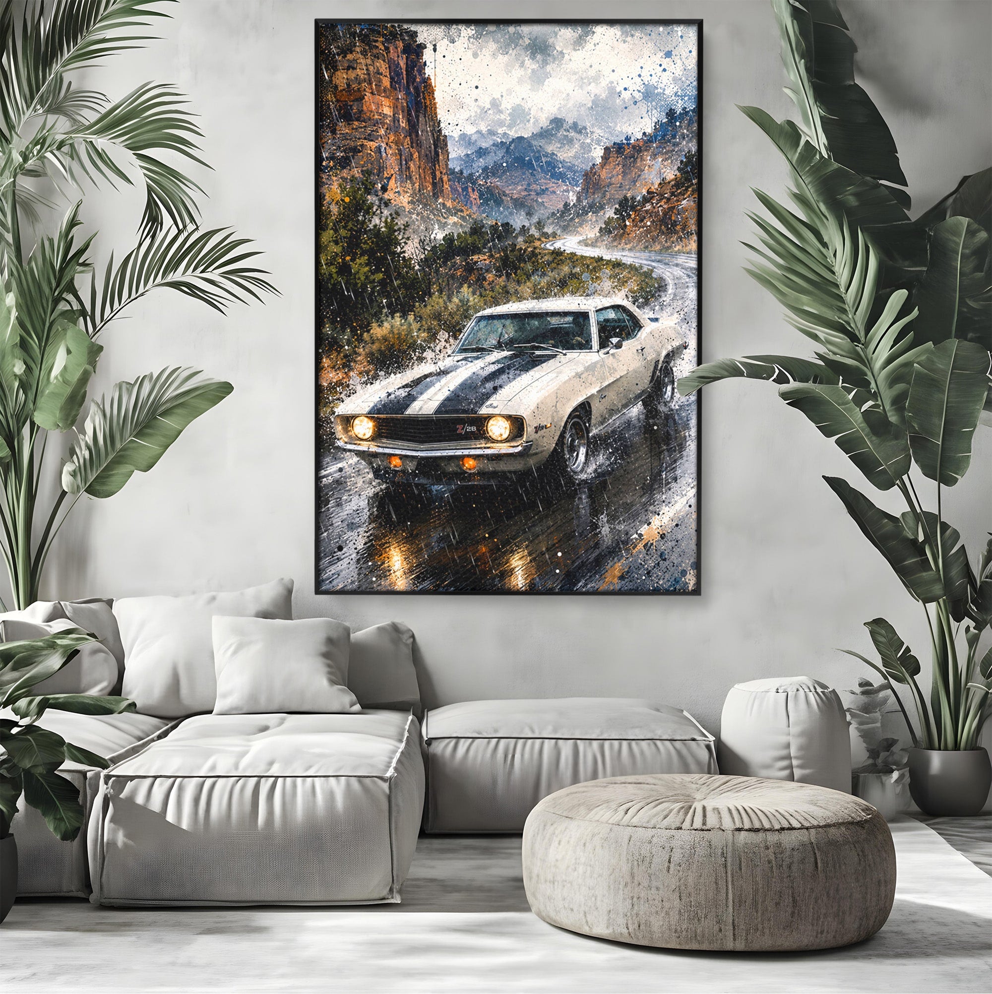 Tablou Canvas Premium LuxCanva® PI1246, Masina In Ploaie, Roti, Ploaie, Peisaj, Retro, Living, Culori Vibrante