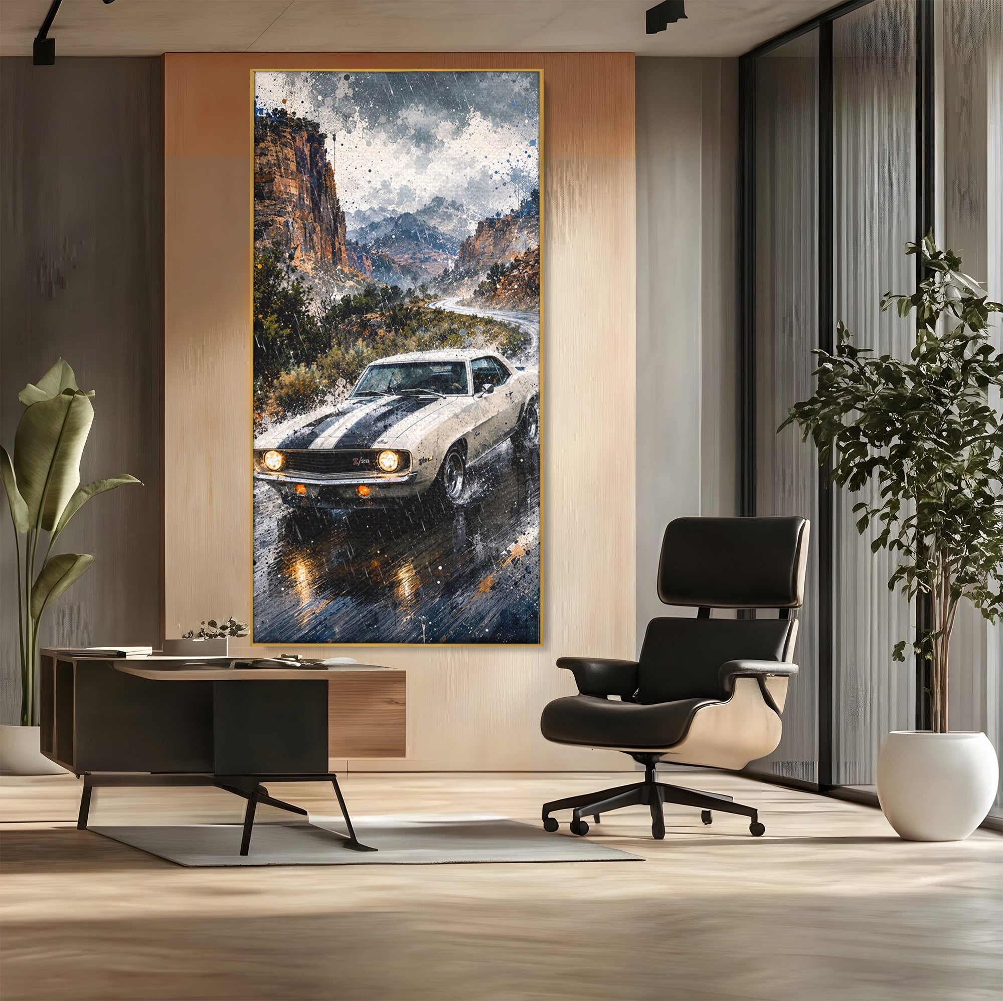 Tablou Canvas Premium LuxCanva® PI1246, Masina In Ploaie, Roti, Ploaie, Peisaj, Retro, Living, Culori Vibrante