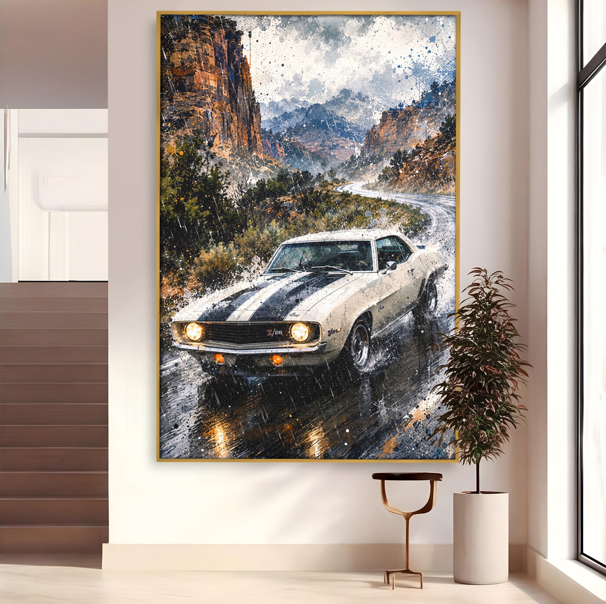 Tablou Canvas Premium LuxCanva® PI1246, Masina In Ploaie, Roti, Ploaie, Peisaj, Retro, Living, Culori Vibrante