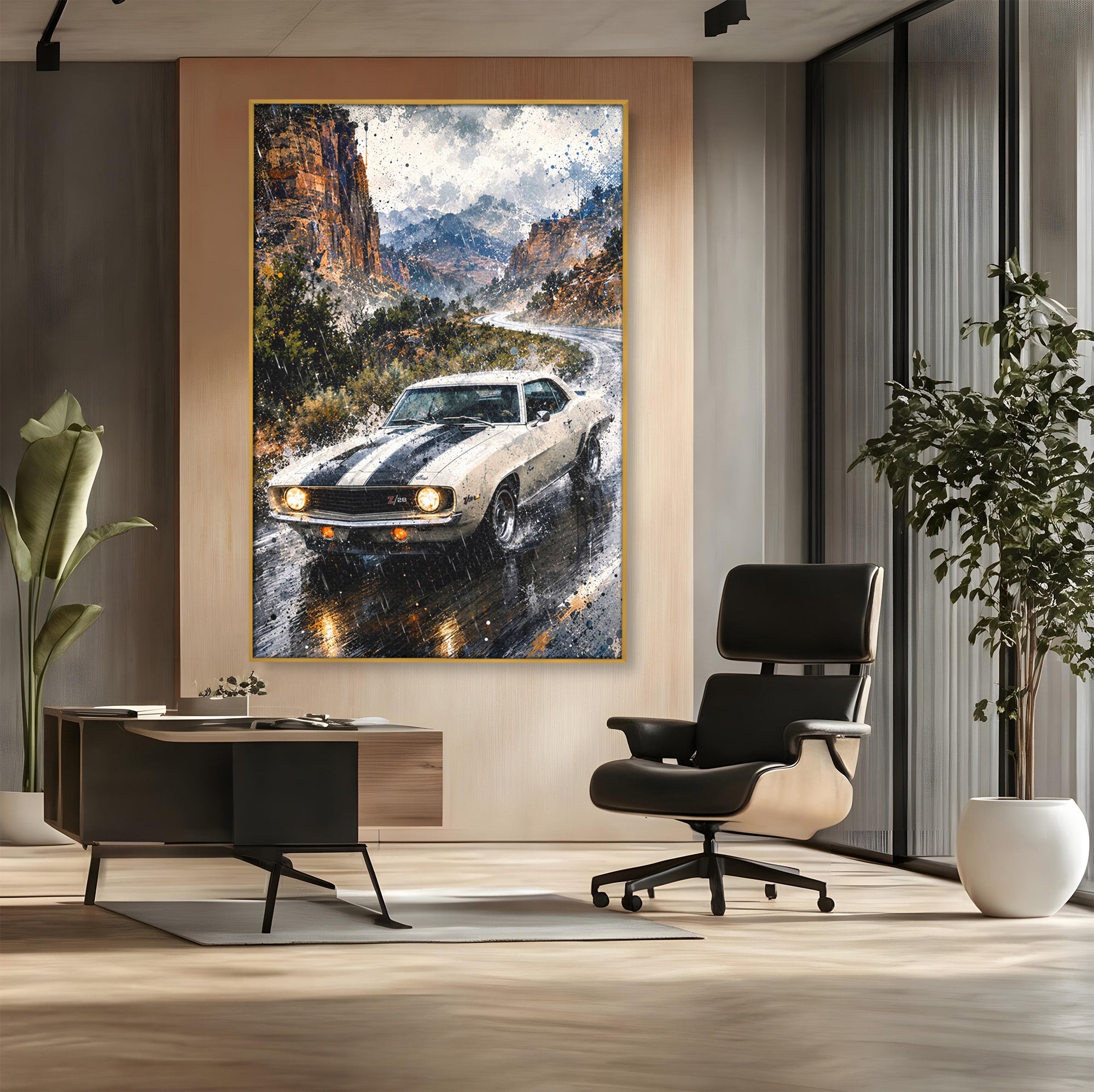 Tablou Canvas Premium LuxCanva® PI1246, Masina In Ploaie, Roti, Ploaie, Peisaj, Retro, Living, Culori Vibrante