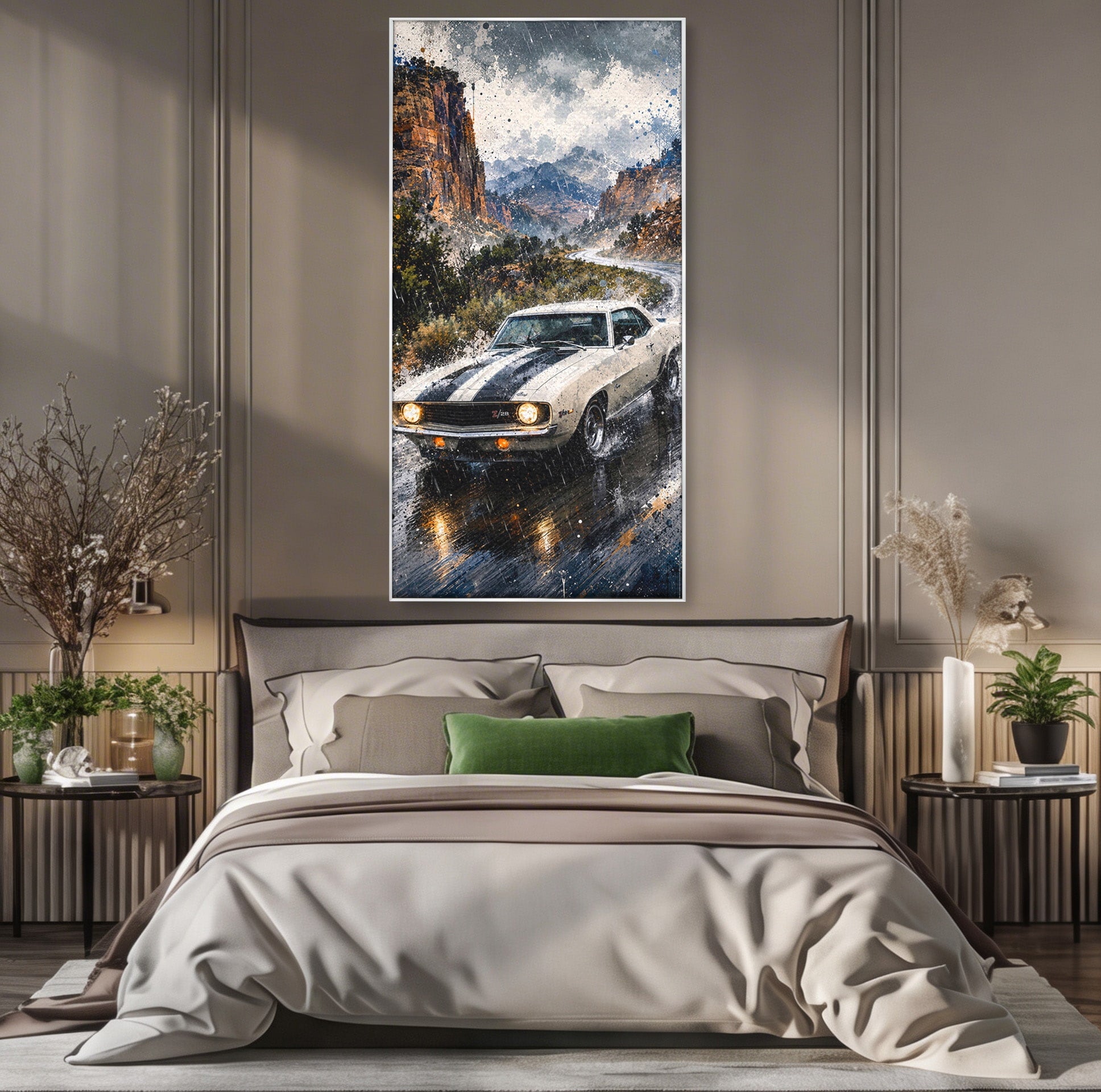 Tablou Canvas Premium LuxCanva® PI1246, Masina In Ploaie, Roti, Ploaie, Peisaj, Retro, Living, Culori Vibrante