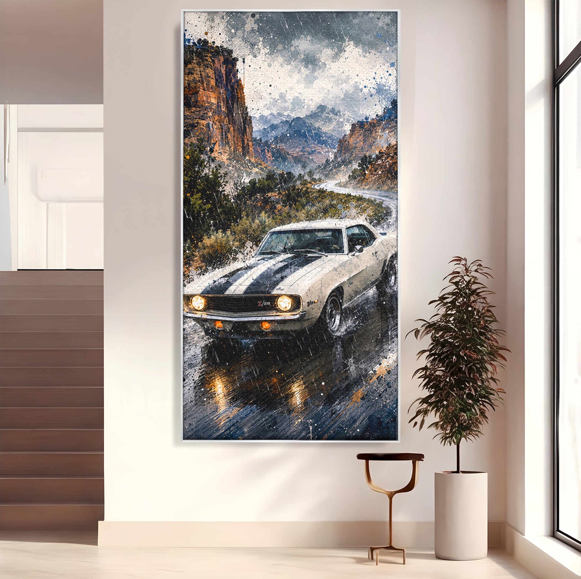 Tablou Canvas Premium LuxCanva® PI1246, Masina In Ploaie, Roti, Ploaie, Peisaj, Retro, Living, Culori Vibrante