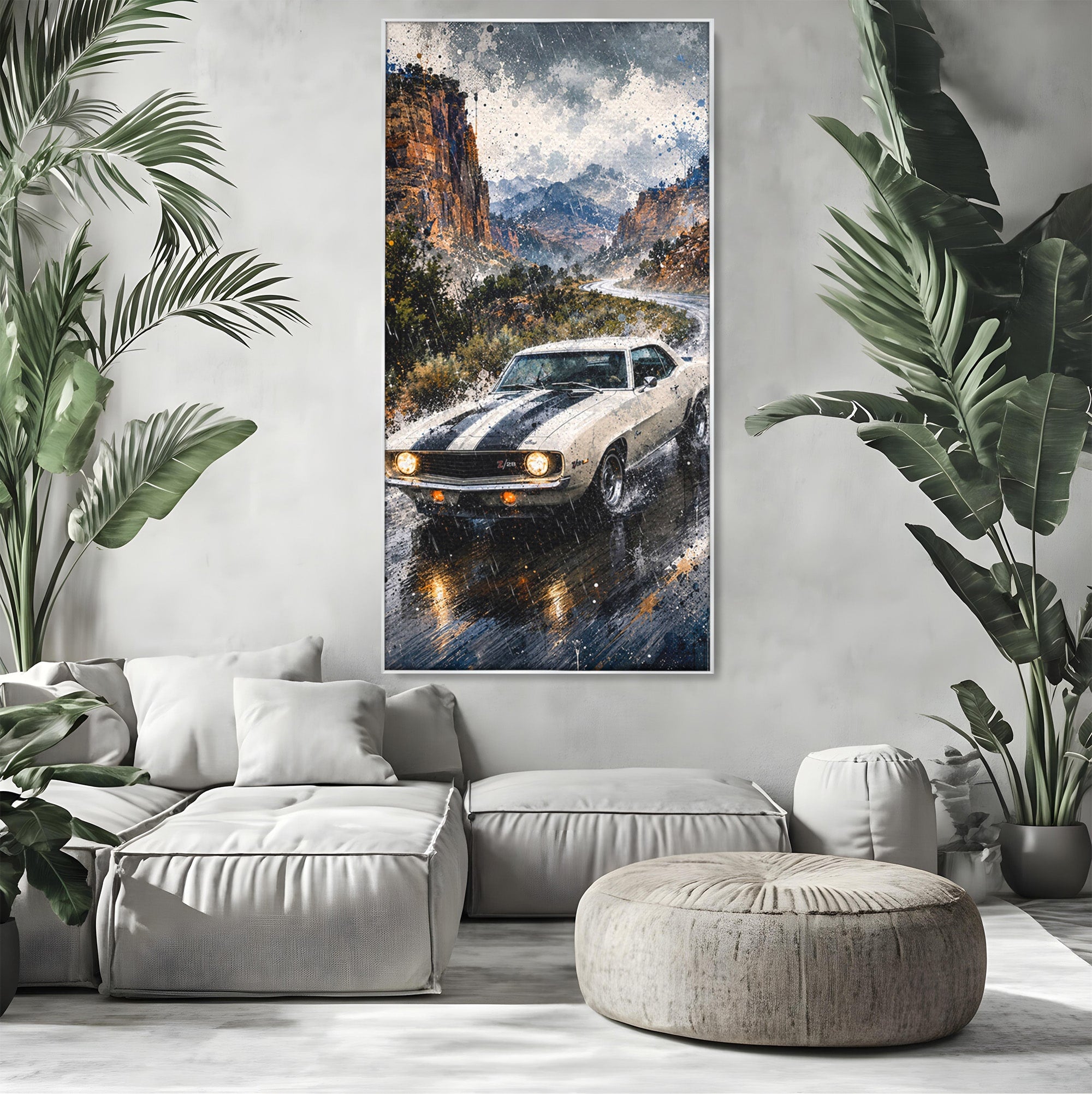 Tablou Canvas Premium LuxCanva® PI1246, Masina In Ploaie, Roti, Ploaie, Peisaj, Retro, Living, Culori Vibrante