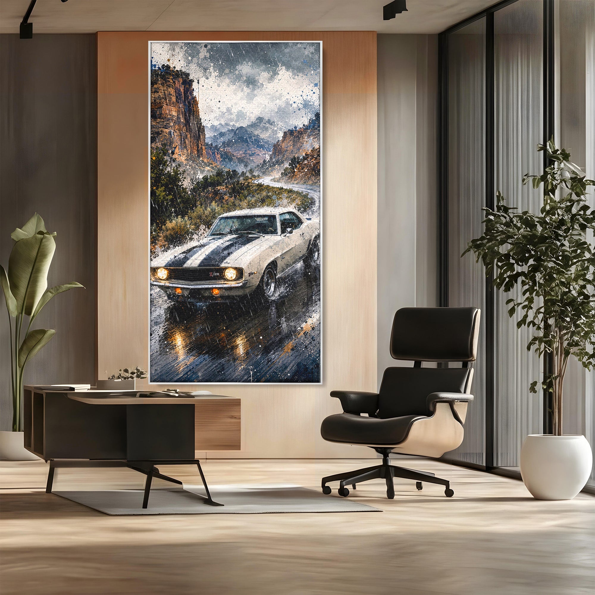 Tablou Canvas Premium LuxCanva® PI1246, Masina In Ploaie, Roti, Ploaie, Peisaj, Retro, Living, Culori Vibrante