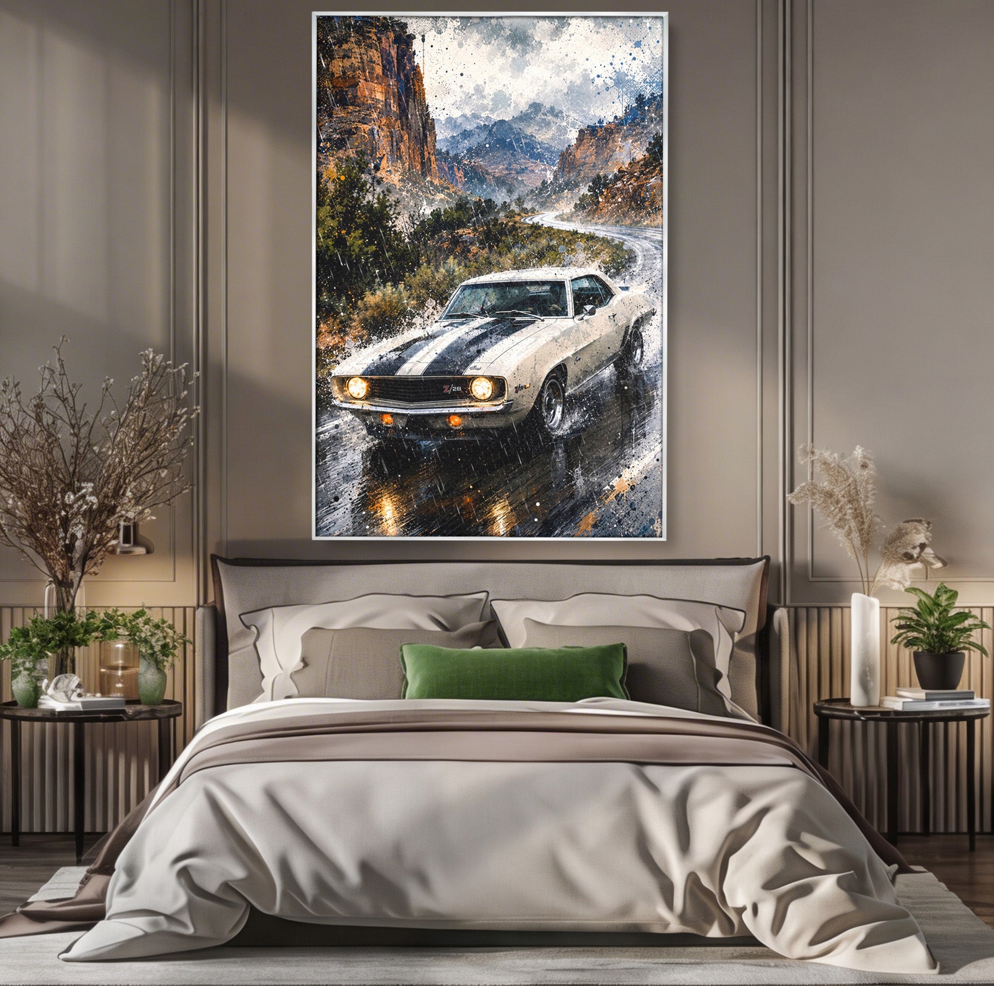 Tablou Canvas Premium LuxCanva® PI1246, Masina In Ploaie, Roti, Ploaie, Peisaj, Retro, Living, Culori Vibrante