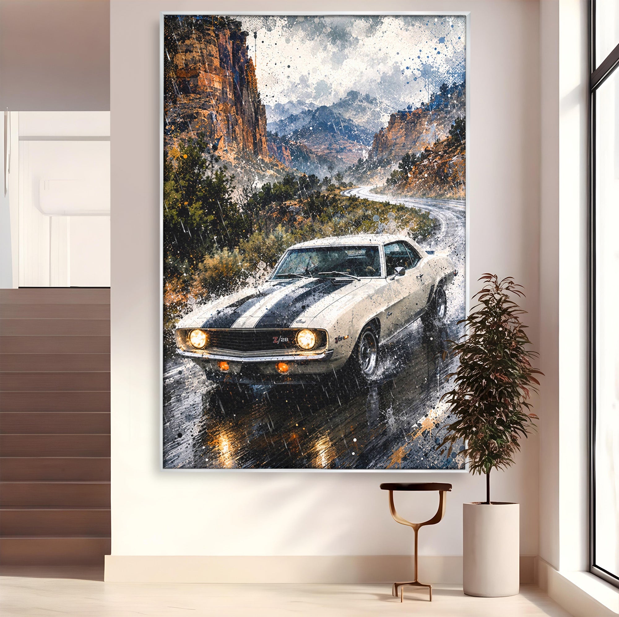 Tablou Canvas Premium LuxCanva® PI1246, Masina In Ploaie, Roti, Ploaie, Peisaj, Retro, Living, Culori Vibrante