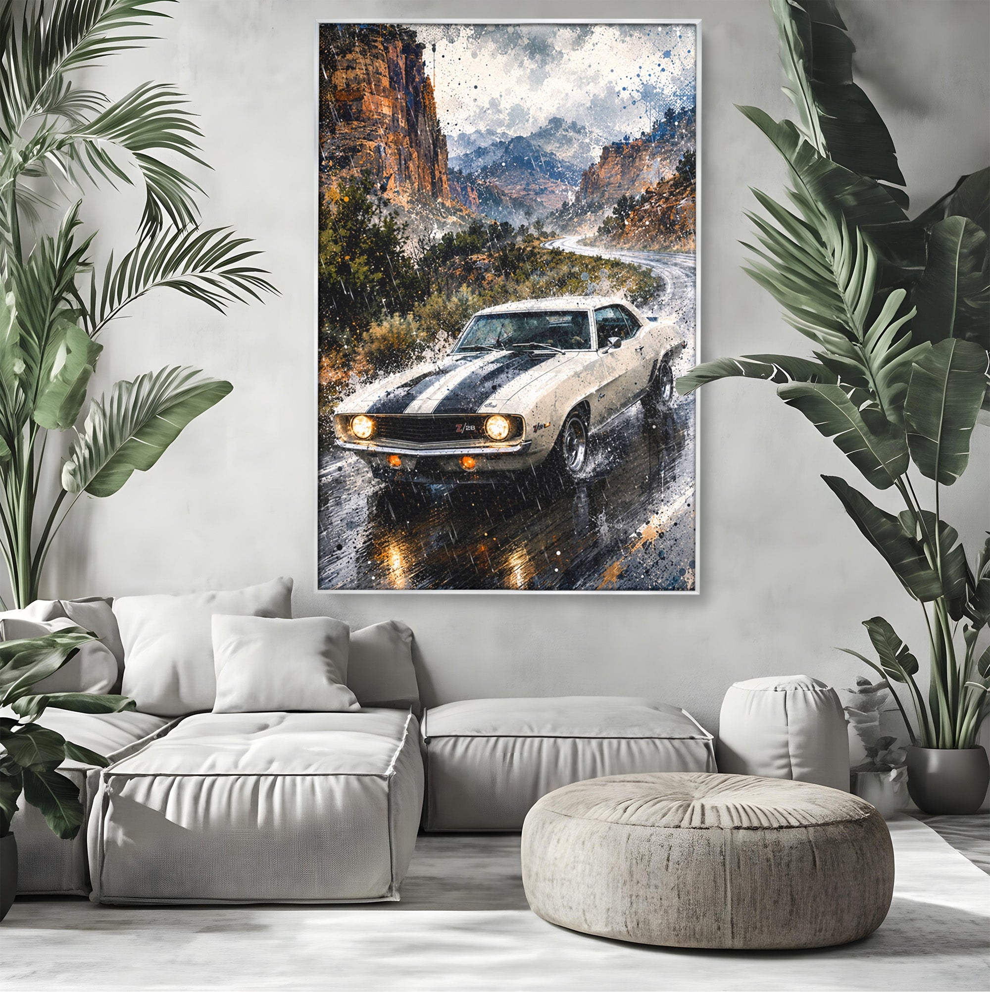 Tablou Canvas Premium LuxCanva® PI1246, Masina In Ploaie, Roti, Ploaie, Peisaj, Retro, Living, Culori Vibrante