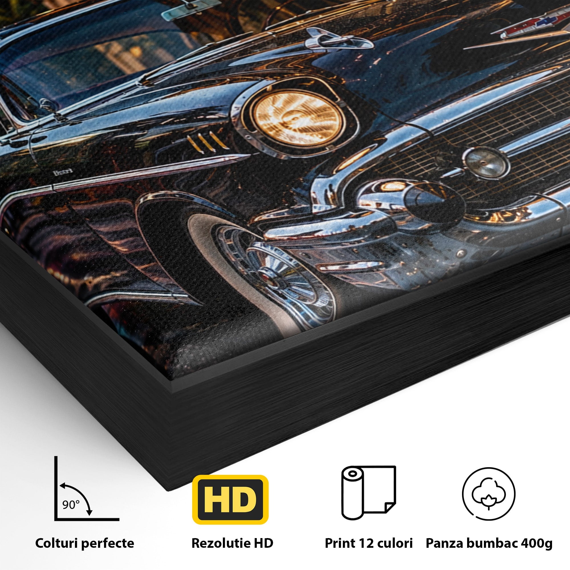 Tablou Canvas Premium LuxCanva® PI1247, Frumusetea Retro, Masina, Noapte, Oras, Negru, Living, Culori Vibrante