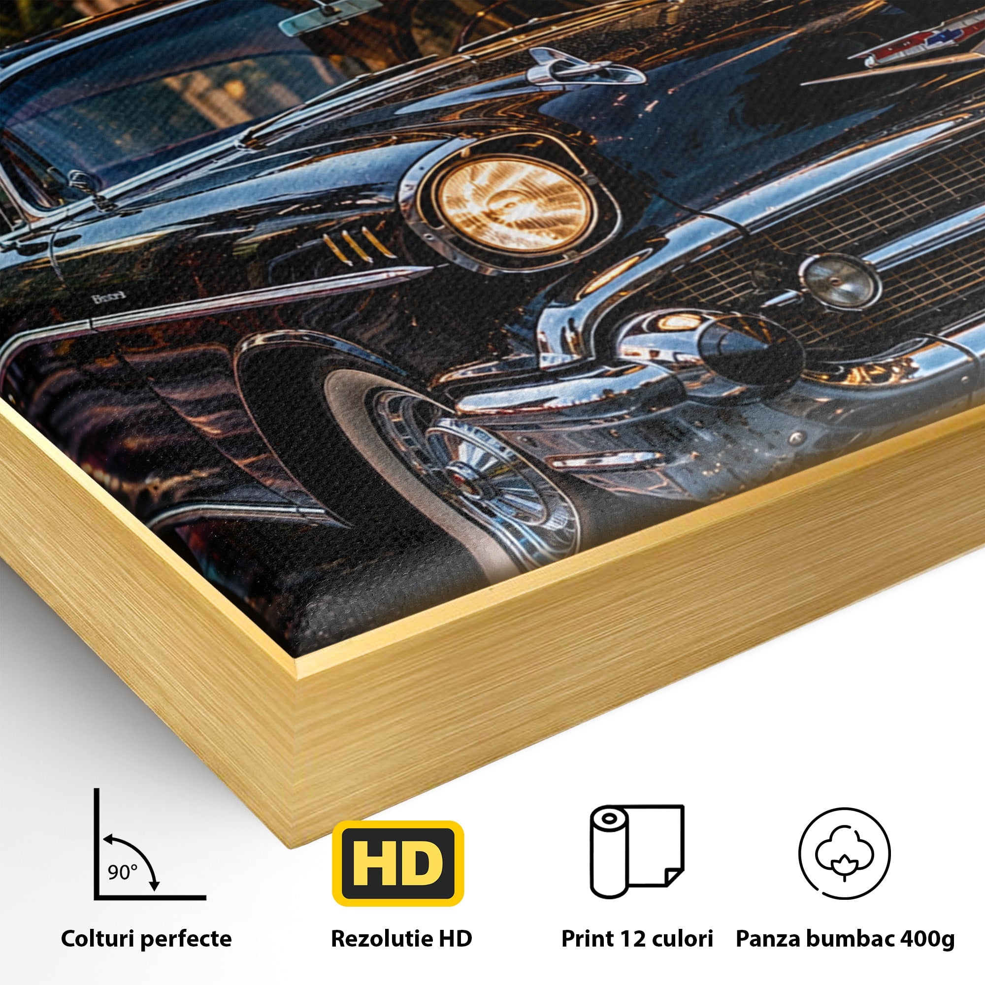 Tablou Canvas Premium LuxCanva® PI1247, Frumusetea Retro, Masina, Noapte, Oras, Negru, Living, Culori Vibrante