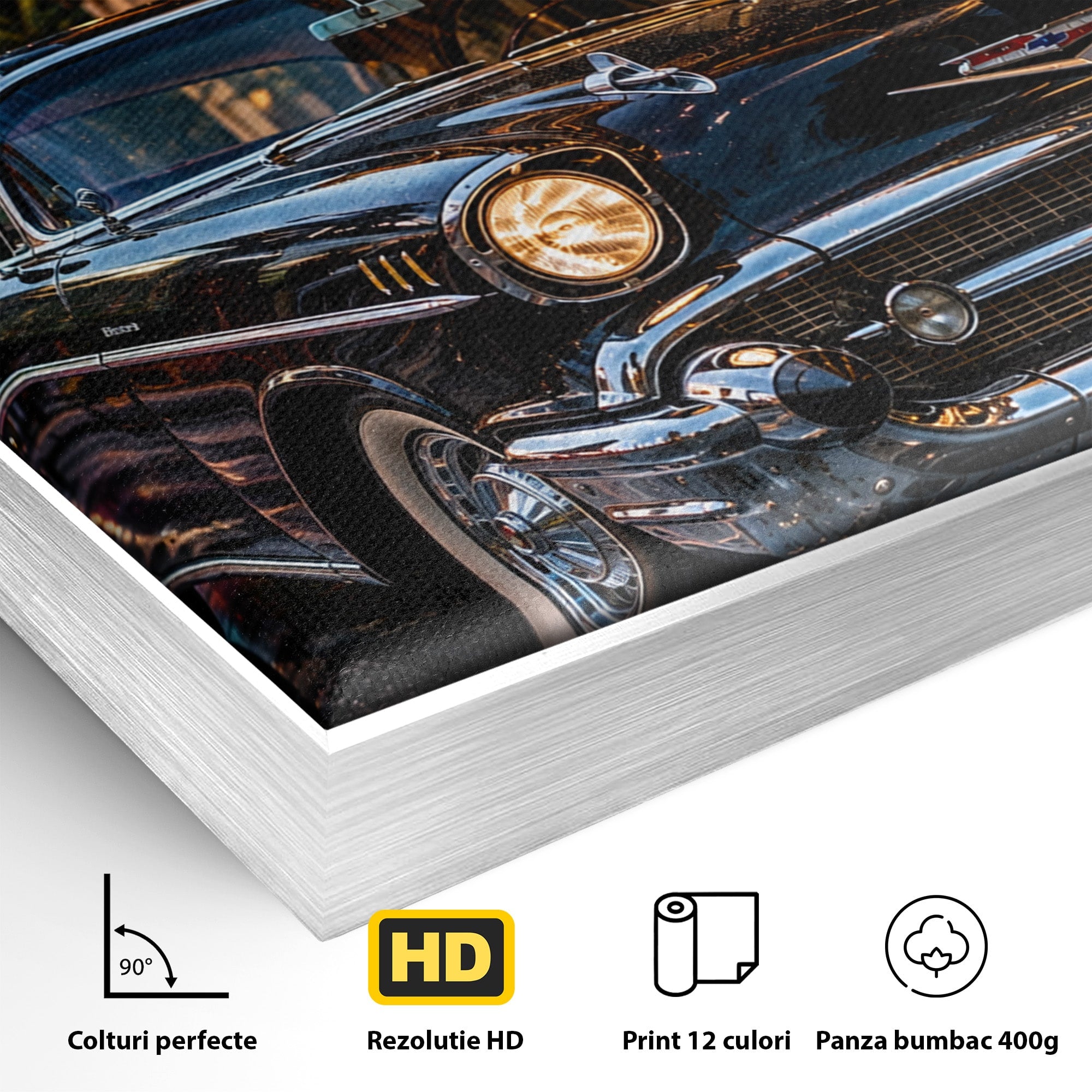 Tablou Canvas Premium LuxCanva® PI1247, Frumusetea Retro, Masina, Noapte, Oras, Negru, Living, Culori Vibrante