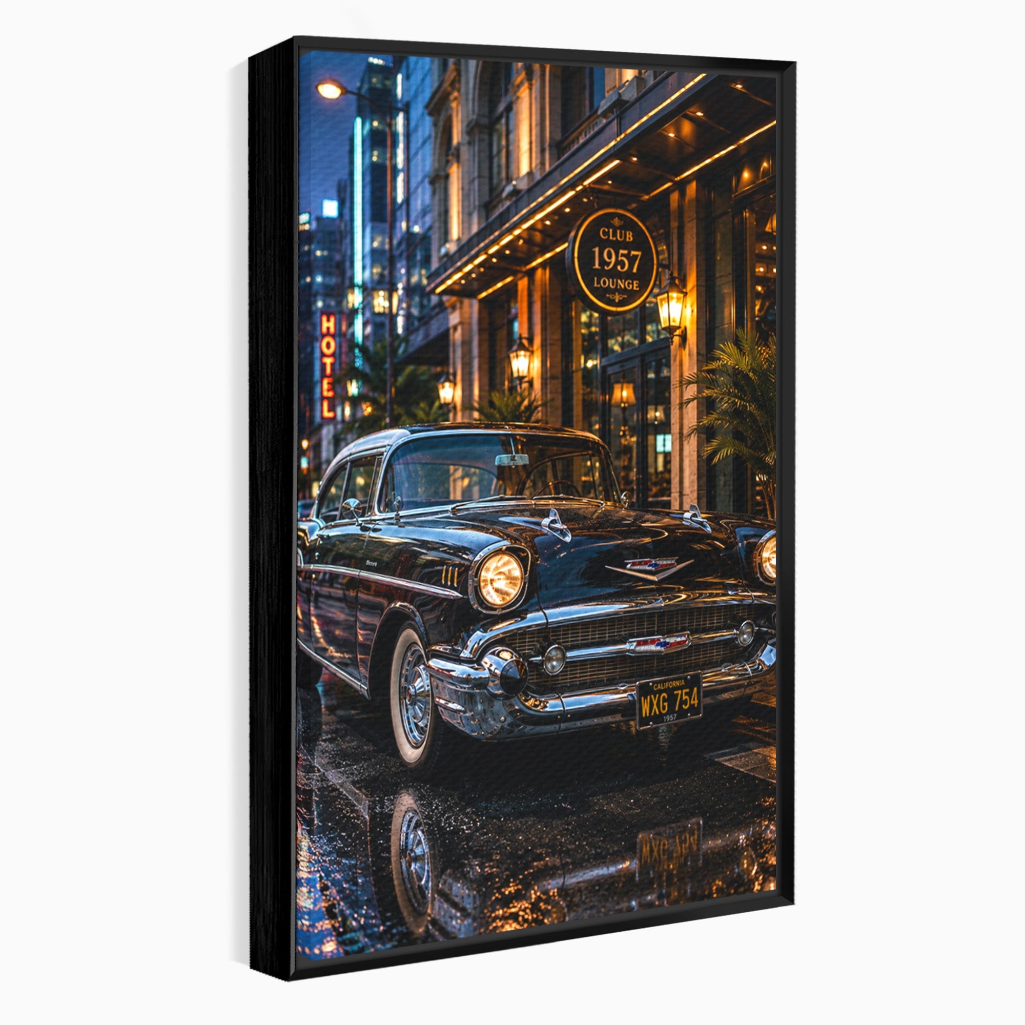 Tablou Canvas Premium LuxCanva® PI1247, Frumusetea Retro, Masina, Noapte, Oras, Negru, Living, Culori Vibrante