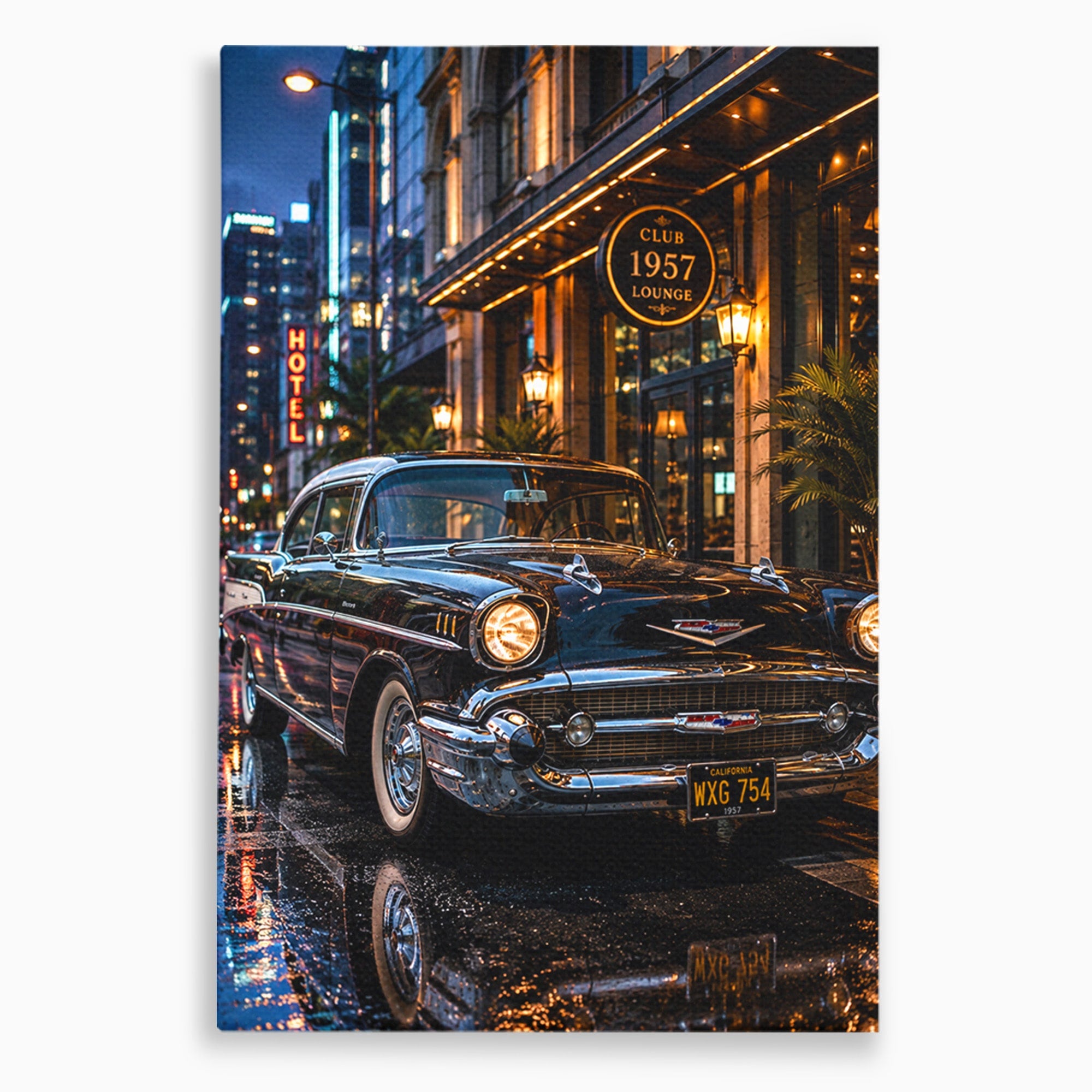 Tablou Canvas Premium LuxCanva® PI1247, Frumusetea Retro, Masina, Noapte, Oras, Negru, Living, Culori Vibrante
