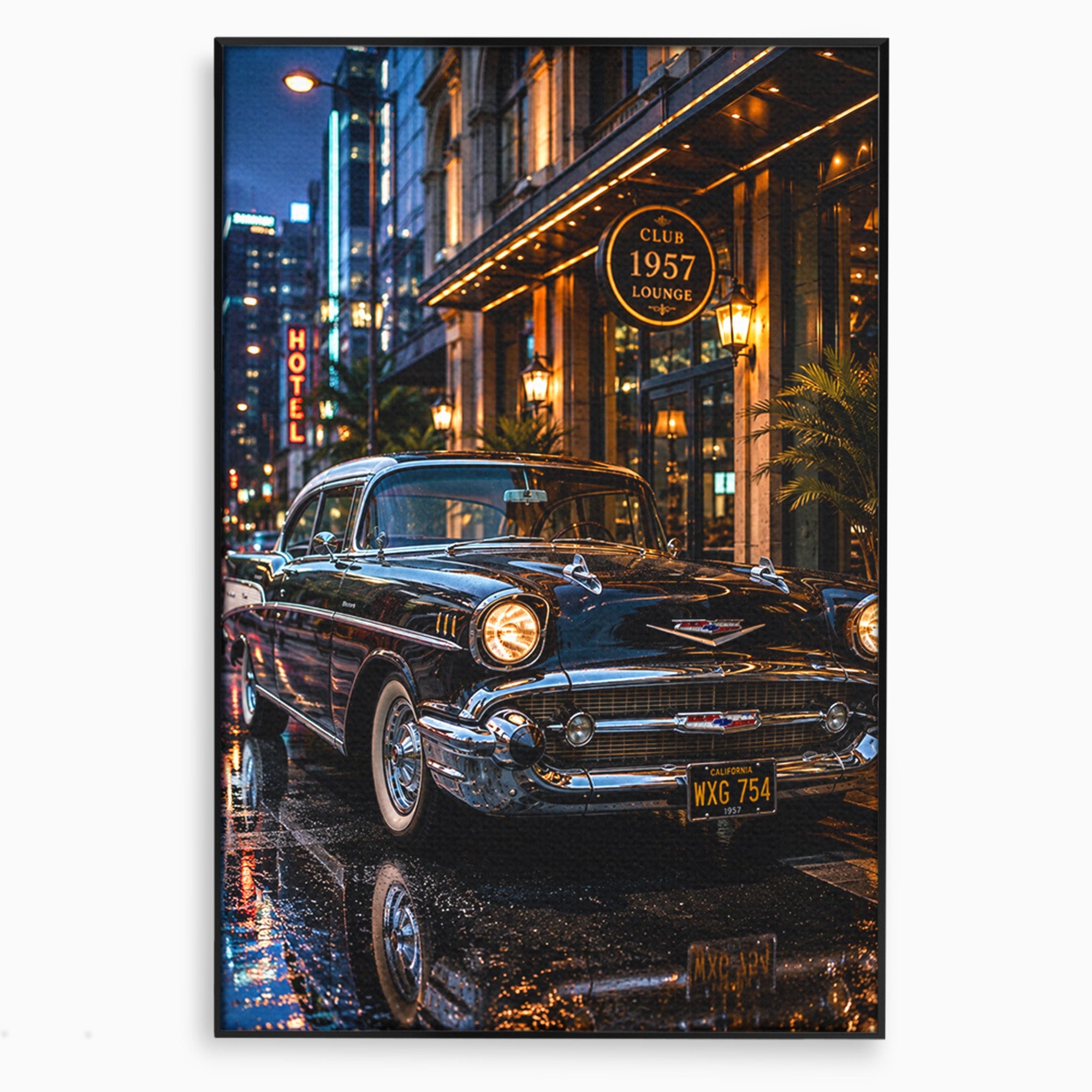 Tablou Canvas Premium LuxCanva® PI1247, Frumusetea Retro, Masina, Noapte, Oras, Negru, Living, Culori Vibrante