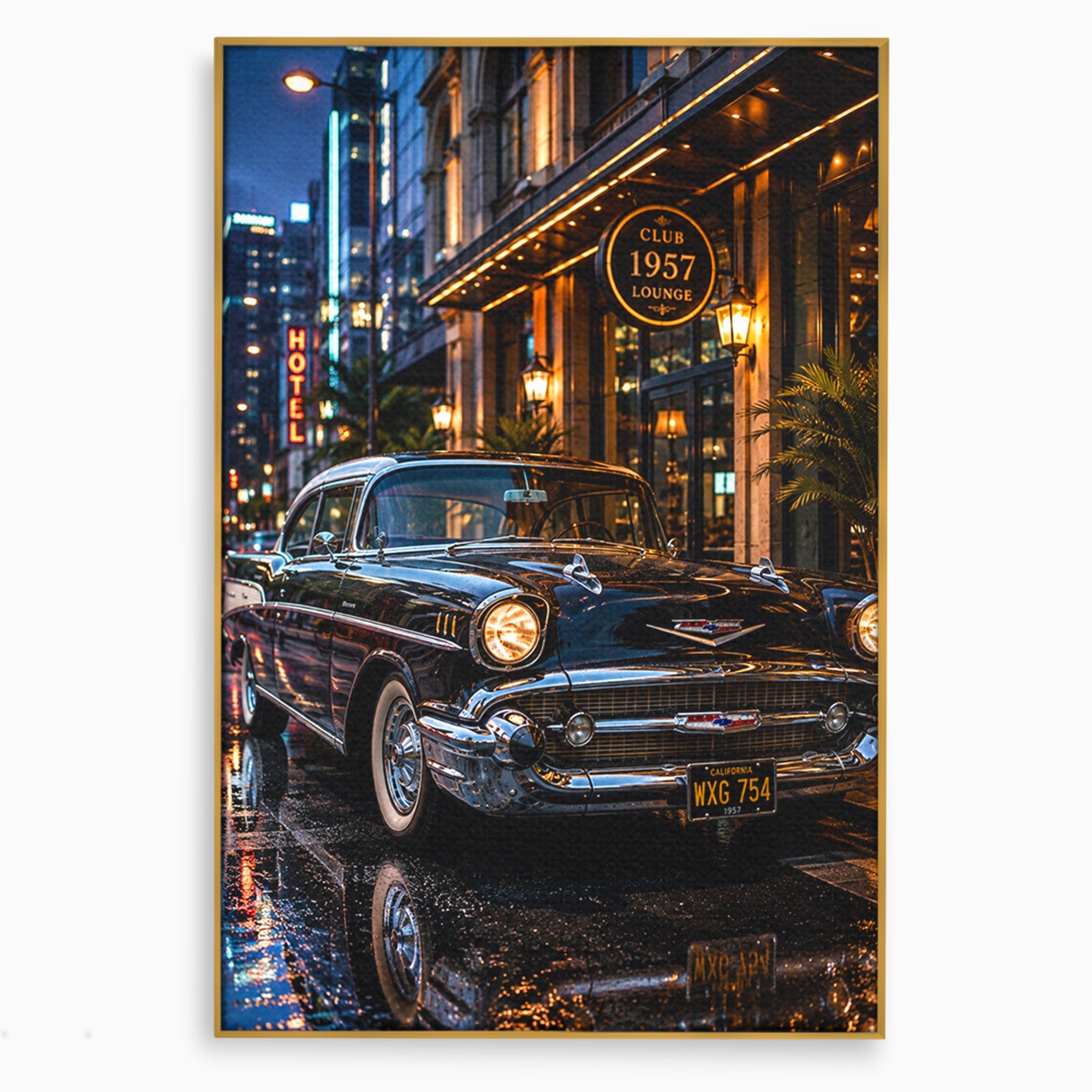 Tablou Canvas Premium LuxCanva® PI1247, Frumusetea Retro, Masina, Noapte, Oras, Negru, Living, Culori Vibrante