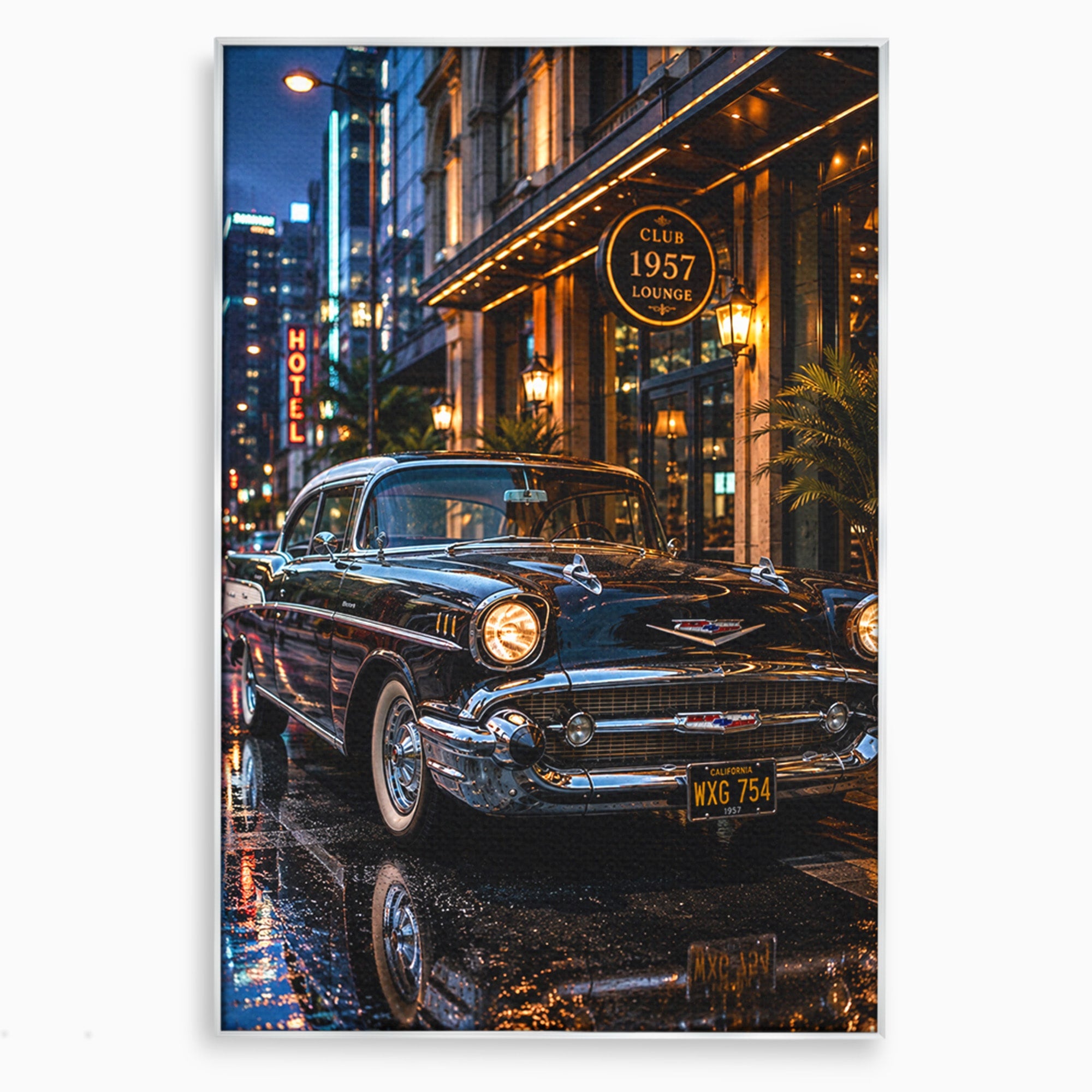 Tablou Canvas Premium LuxCanva® PI1247, Frumusetea Retro, Masina, Noapte, Oras, Negru, Living, Culori Vibrante