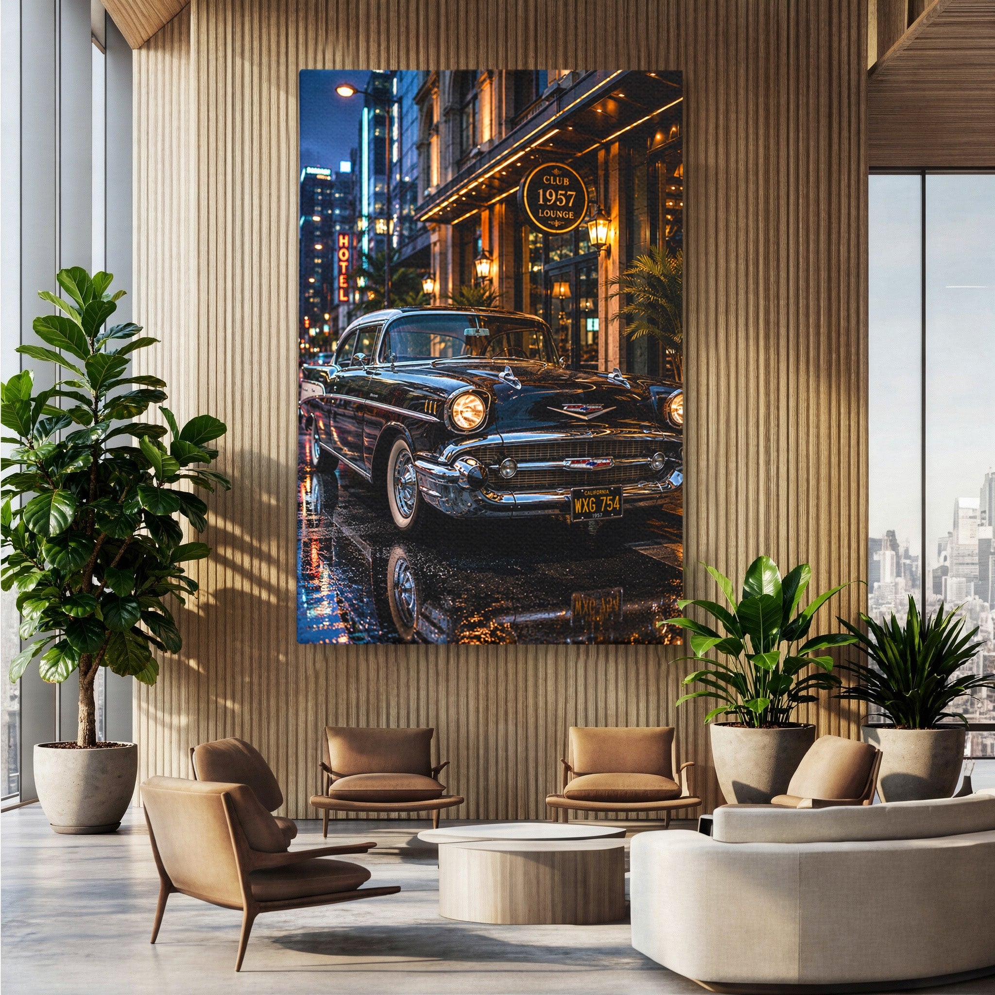 Tablou Canvas Premium LuxCanva® PI1247, Frumusetea Retro, Masina, Noapte, Oras, Negru, Living, Culori Vibrante