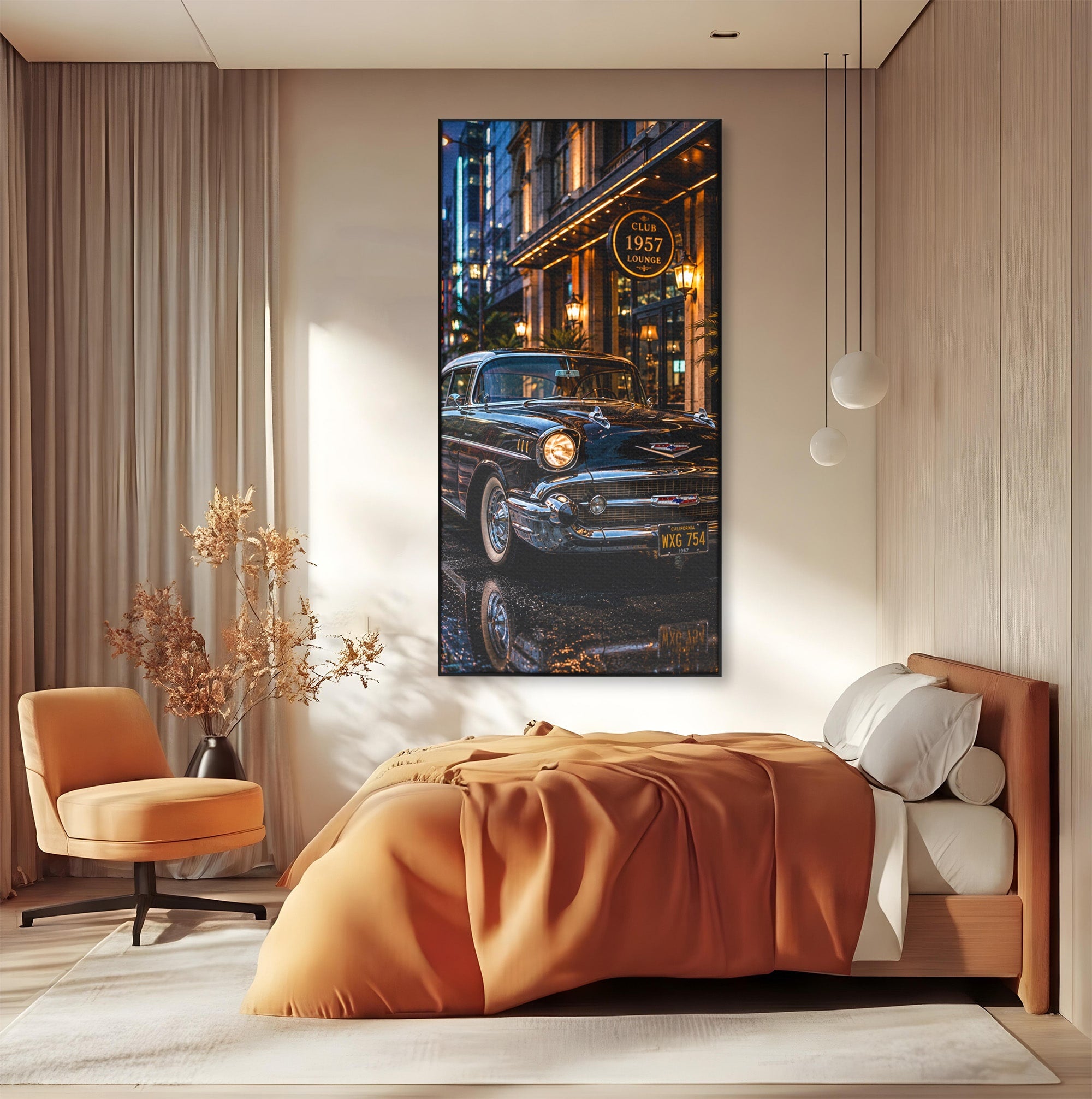 Tablou Canvas Premium LuxCanva® PI1247, Frumusetea Retro, Masina, Noapte, Oras, Negru, Living, Culori Vibrante