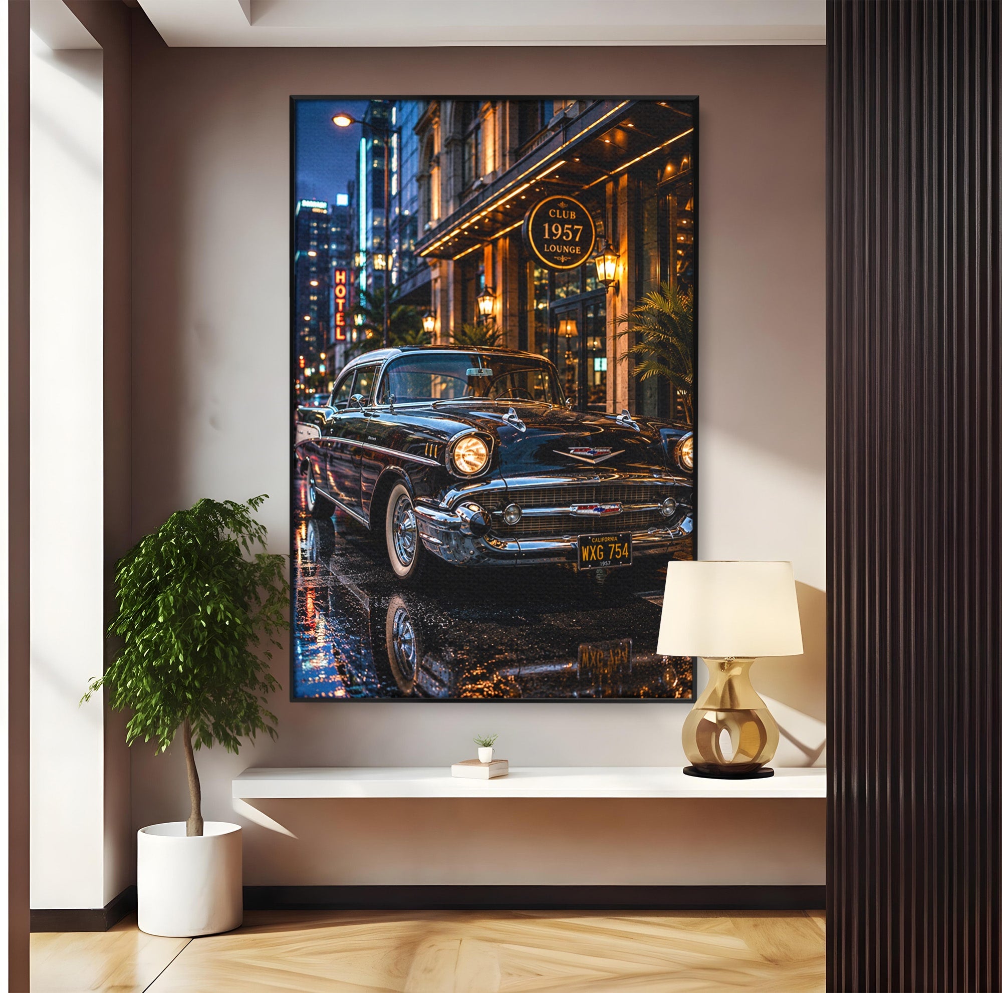 Tablou Canvas Premium LuxCanva® PI1247, Frumusetea Retro, Masina, Noapte, Oras, Negru, Living, Culori Vibrante