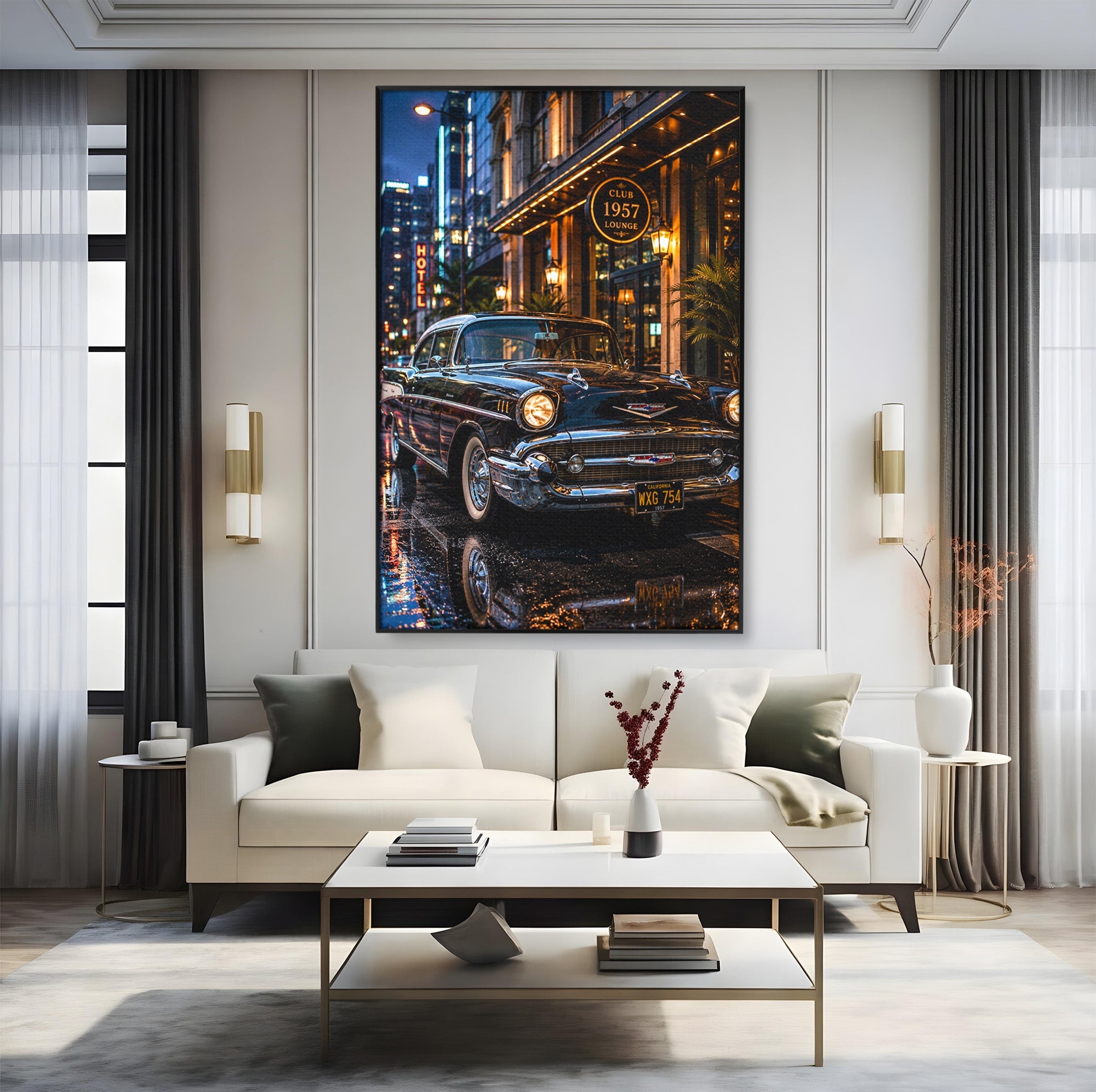 Tablou Canvas Premium LuxCanva® PI1247, Frumusetea Retro, Masina, Noapte, Oras, Negru, Living, Culori Vibrante