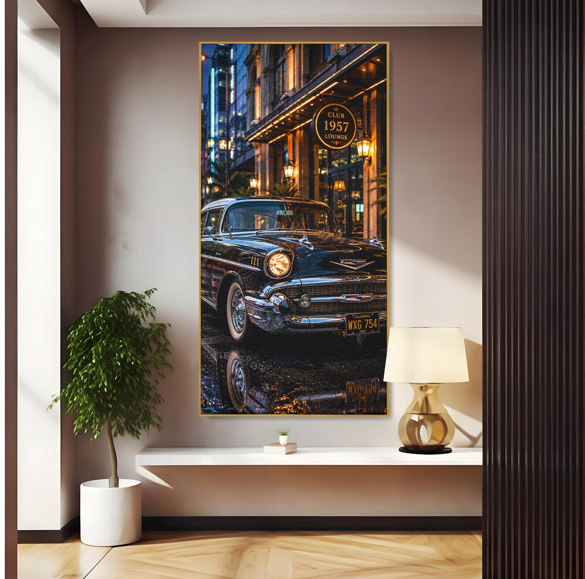 Tablou Canvas Premium LuxCanva® PI1247, Frumusetea Retro, Masina, Noapte, Oras, Negru, Living, Culori Vibrante