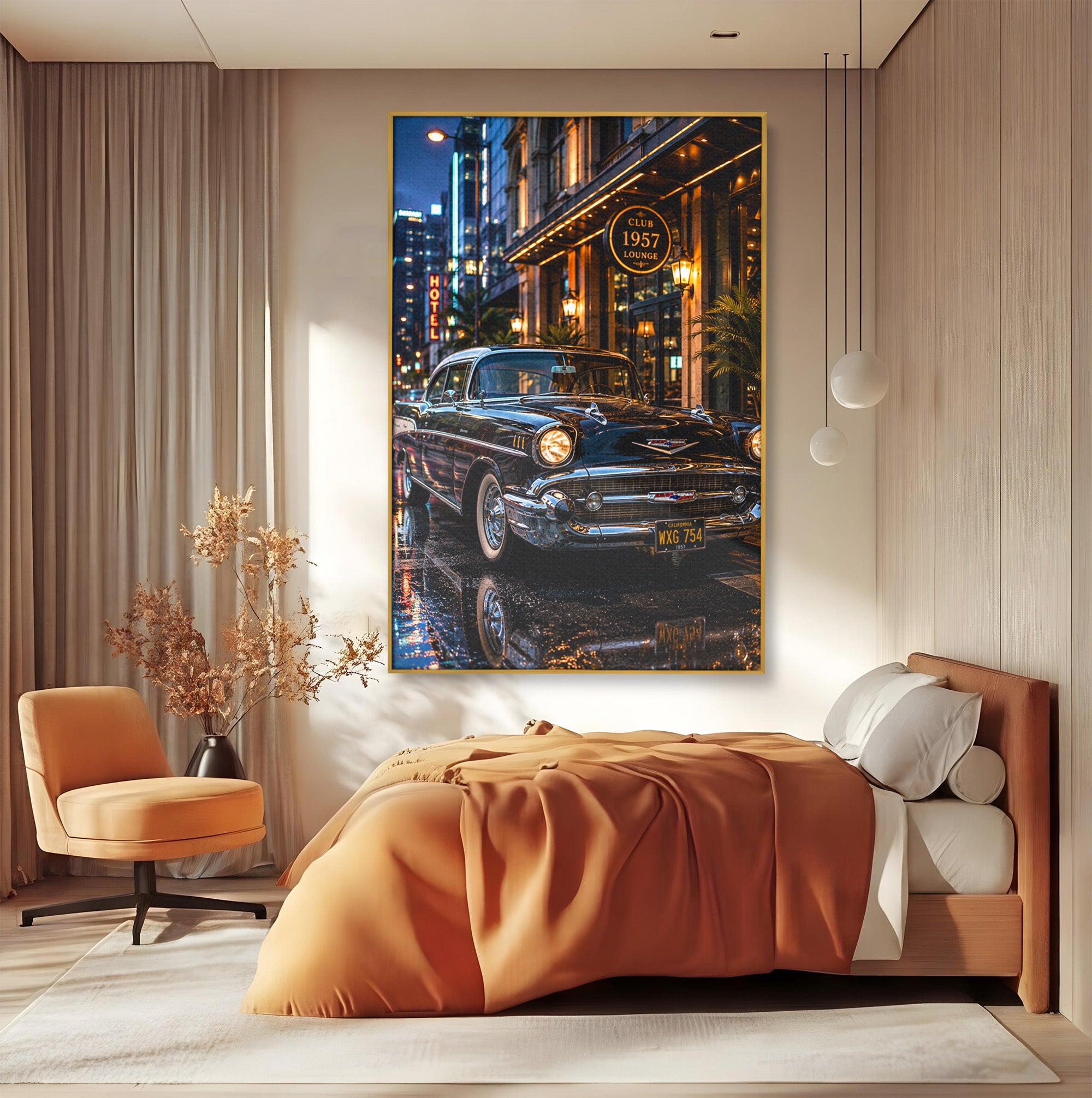 Tablou Canvas Premium LuxCanva® PI1247, Frumusetea Retro, Masina, Noapte, Oras, Negru, Living, Culori Vibrante