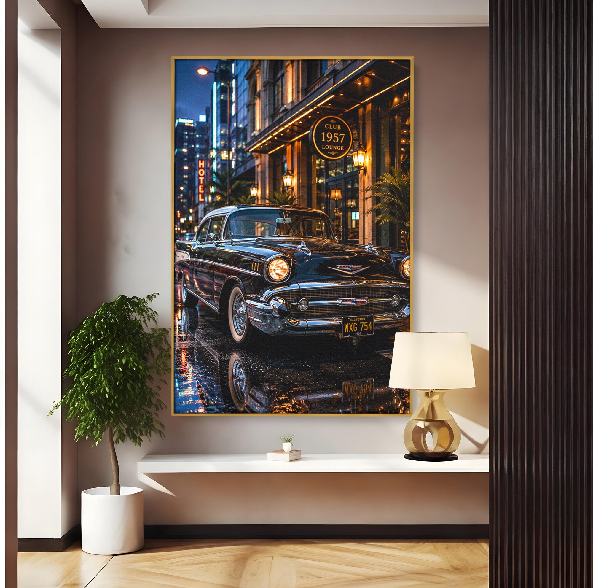 Tablou Canvas Premium LuxCanva® PI1247, Frumusetea Retro, Masina, Noapte, Oras, Negru, Living, Culori Vibrante