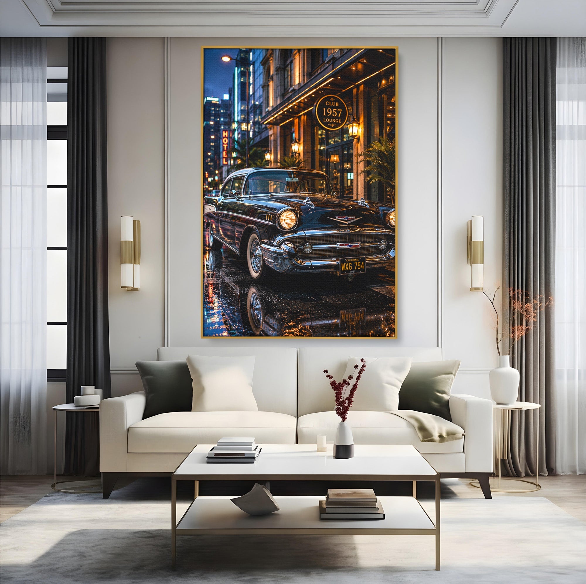 Tablou Canvas Premium LuxCanva® PI1247, Frumusetea Retro, Masina, Noapte, Oras, Negru, Living, Culori Vibrante