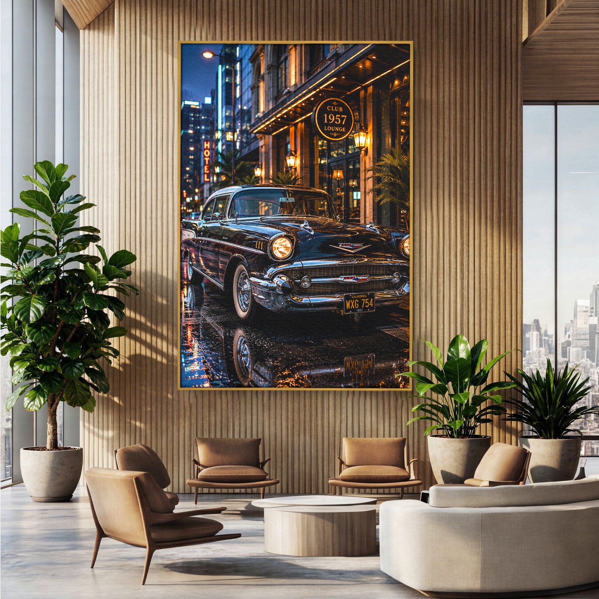 Tablou Canvas Premium LuxCanva® PI1247, Frumusetea Retro, Masina, Noapte, Oras, Negru, Living, Culori Vibrante