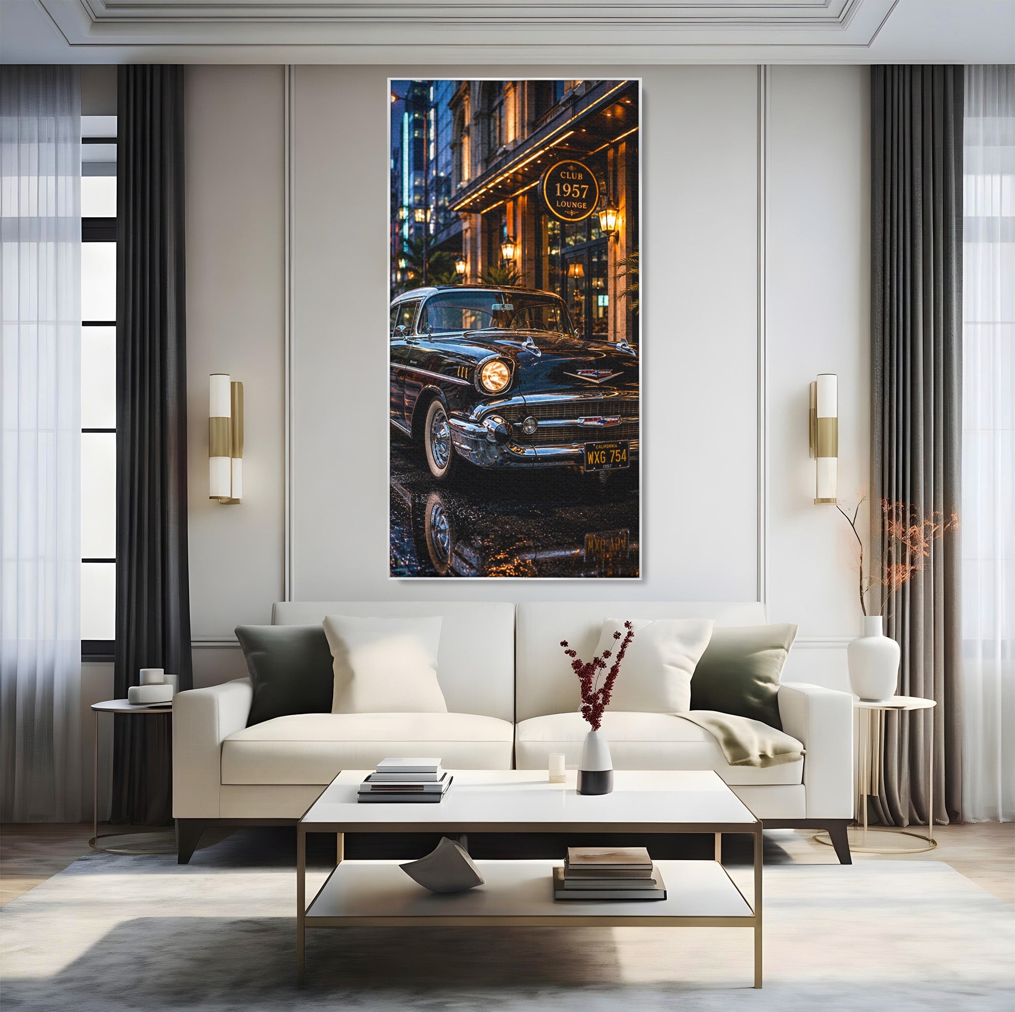 Tablou Canvas Premium LuxCanva® PI1247, Frumusetea Retro, Masina, Noapte, Oras, Negru, Living, Culori Vibrante