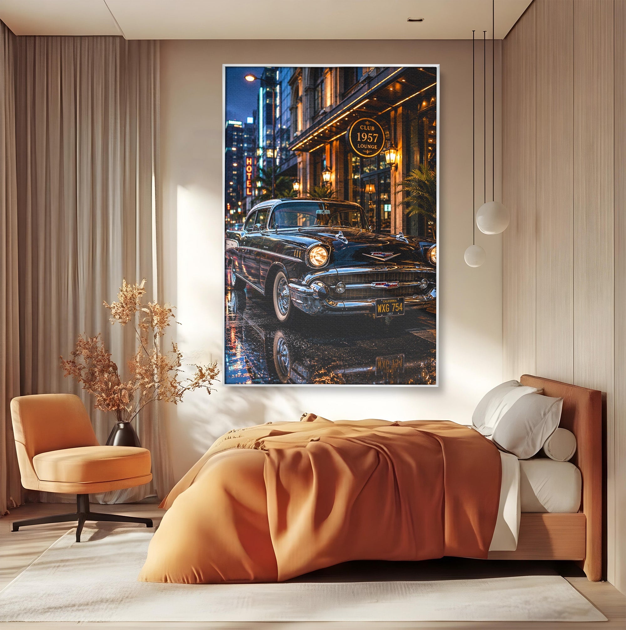 Tablou Canvas Premium LuxCanva® PI1247, Frumusetea Retro, Masina, Noapte, Oras, Negru, Living, Culori Vibrante
