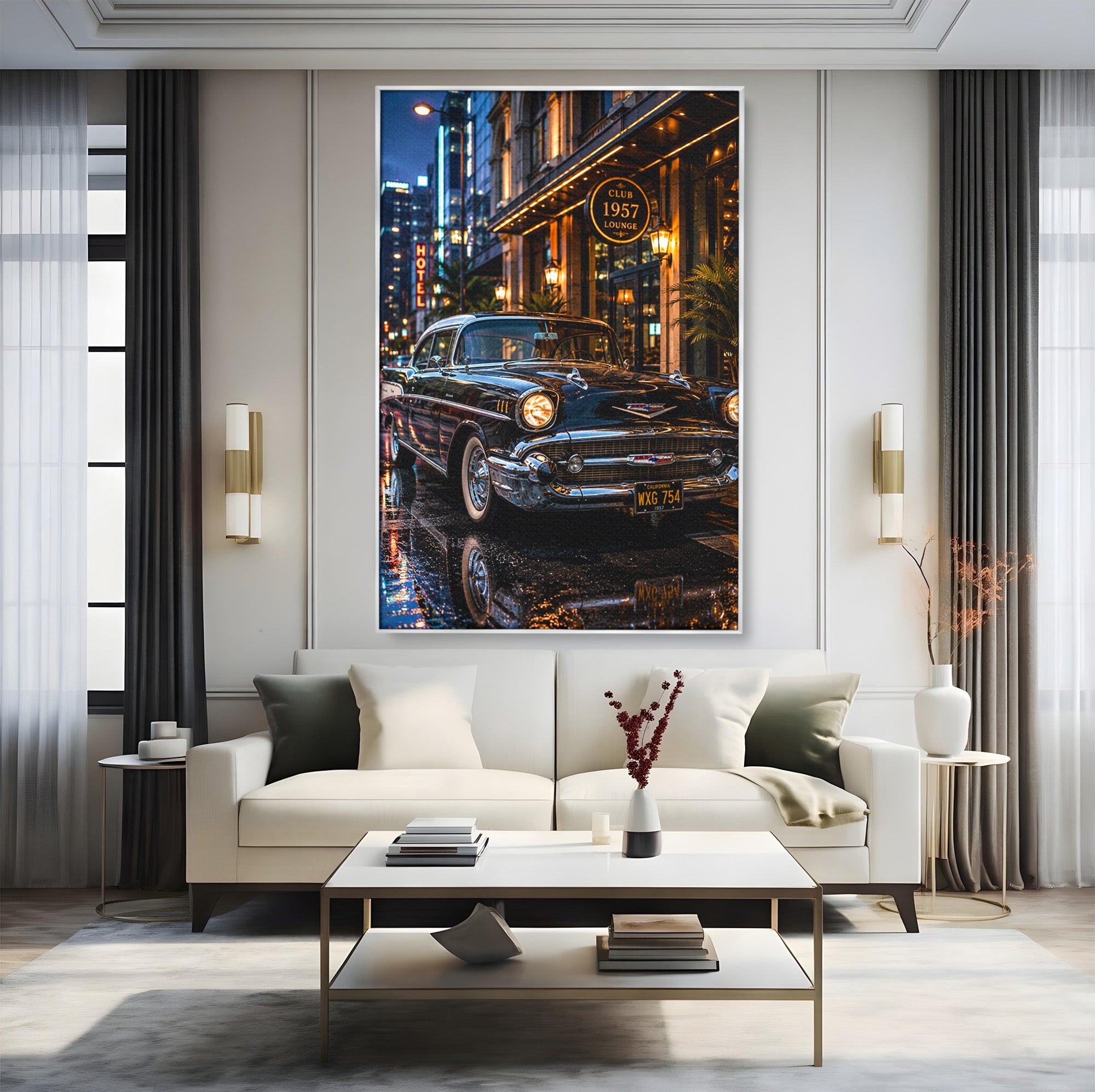 Tablou Canvas Premium LuxCanva® PI1247, Frumusetea Retro, Masina, Noapte, Oras, Negru, Living, Culori Vibrante