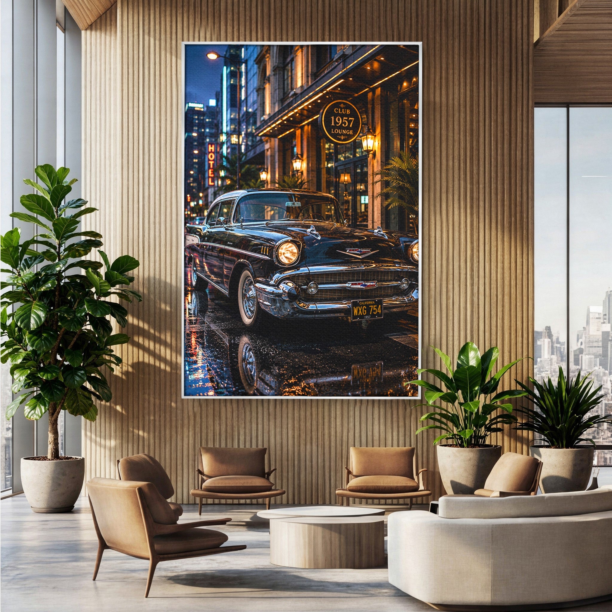 Tablou Canvas Premium LuxCanva® PI1247, Frumusetea Retro, Masina, Noapte, Oras, Negru, Living, Culori Vibrante