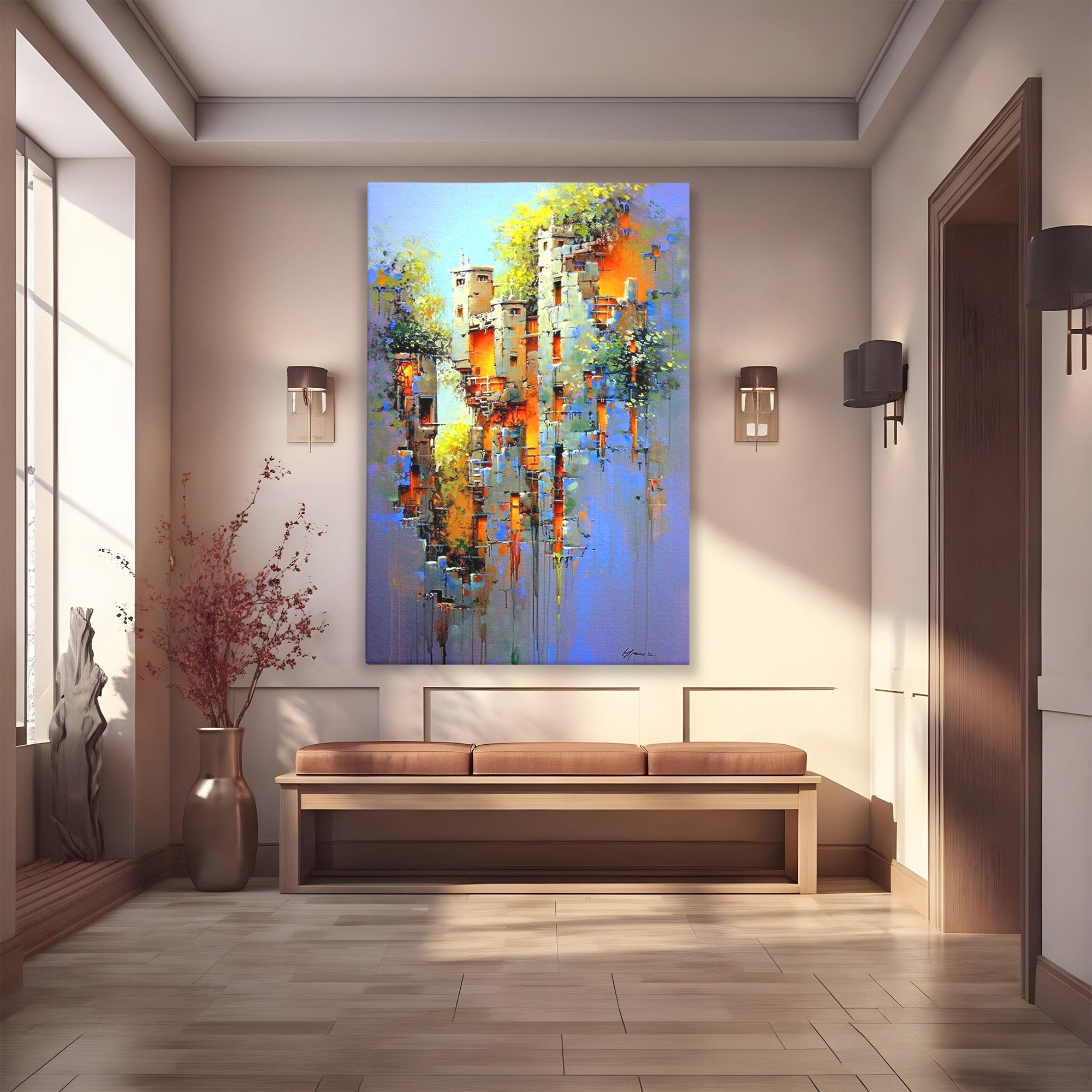 Tablou Canvas Premium LuxCanva® PI1248, Orasul Suspendat, Urban, Arhitectura, Fantezie, Living, Peisaj Urban, Culori Vibrante