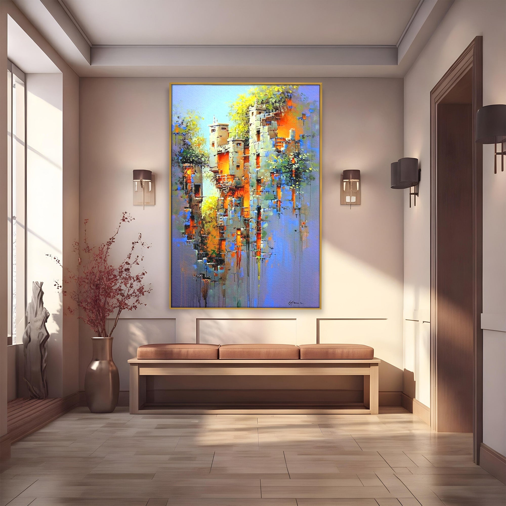Tablou Canvas Premium LuxCanva® PI1248, Orasul Suspendat, Urban, Arhitectura, Fantezie, Living, Peisaj Urban, Culori Vibrante