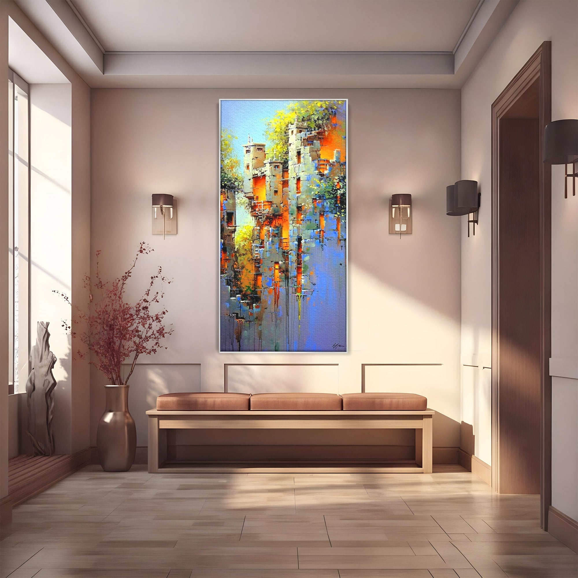 Tablou Canvas Premium LuxCanva® PI1248, Orasul Suspendat, Urban, Arhitectura, Fantezie, Living, Peisaj Urban, Culori Vibrante