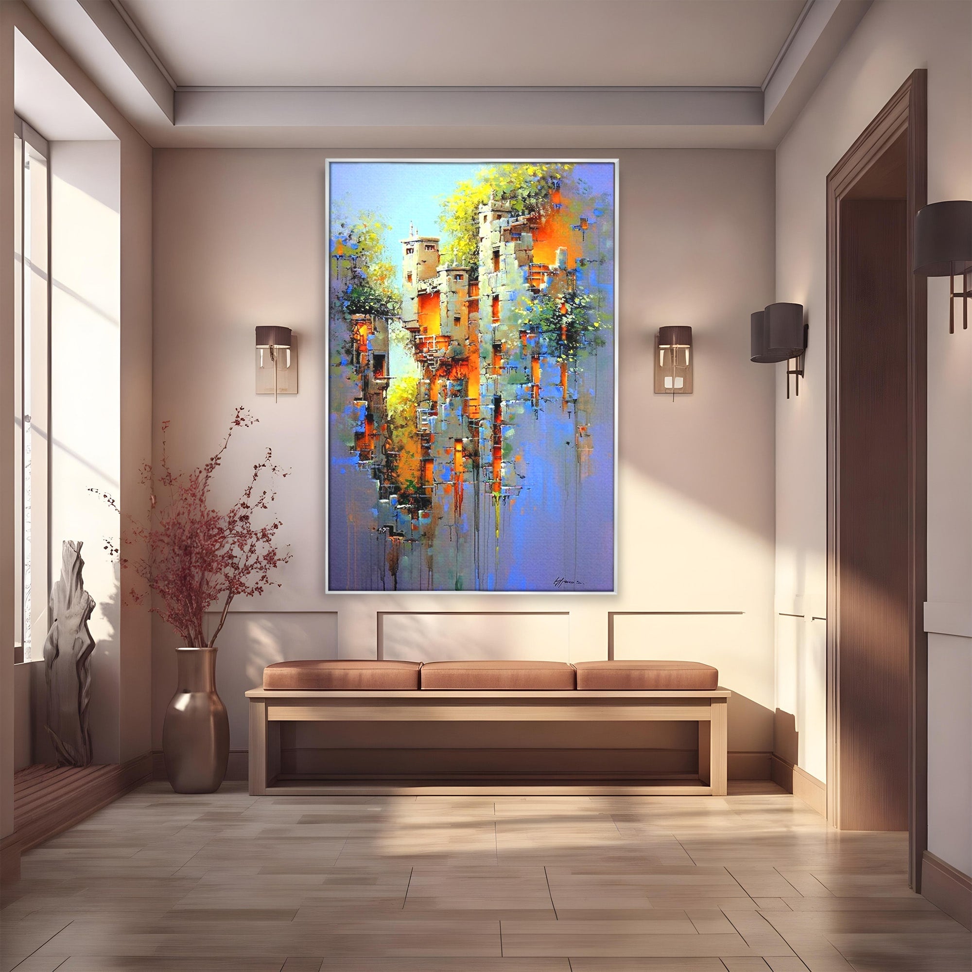 Tablou Canvas Premium LuxCanva® PI1248, Orasul Suspendat, Urban, Arhitectura, Fantezie, Living, Peisaj Urban, Culori Vibrante