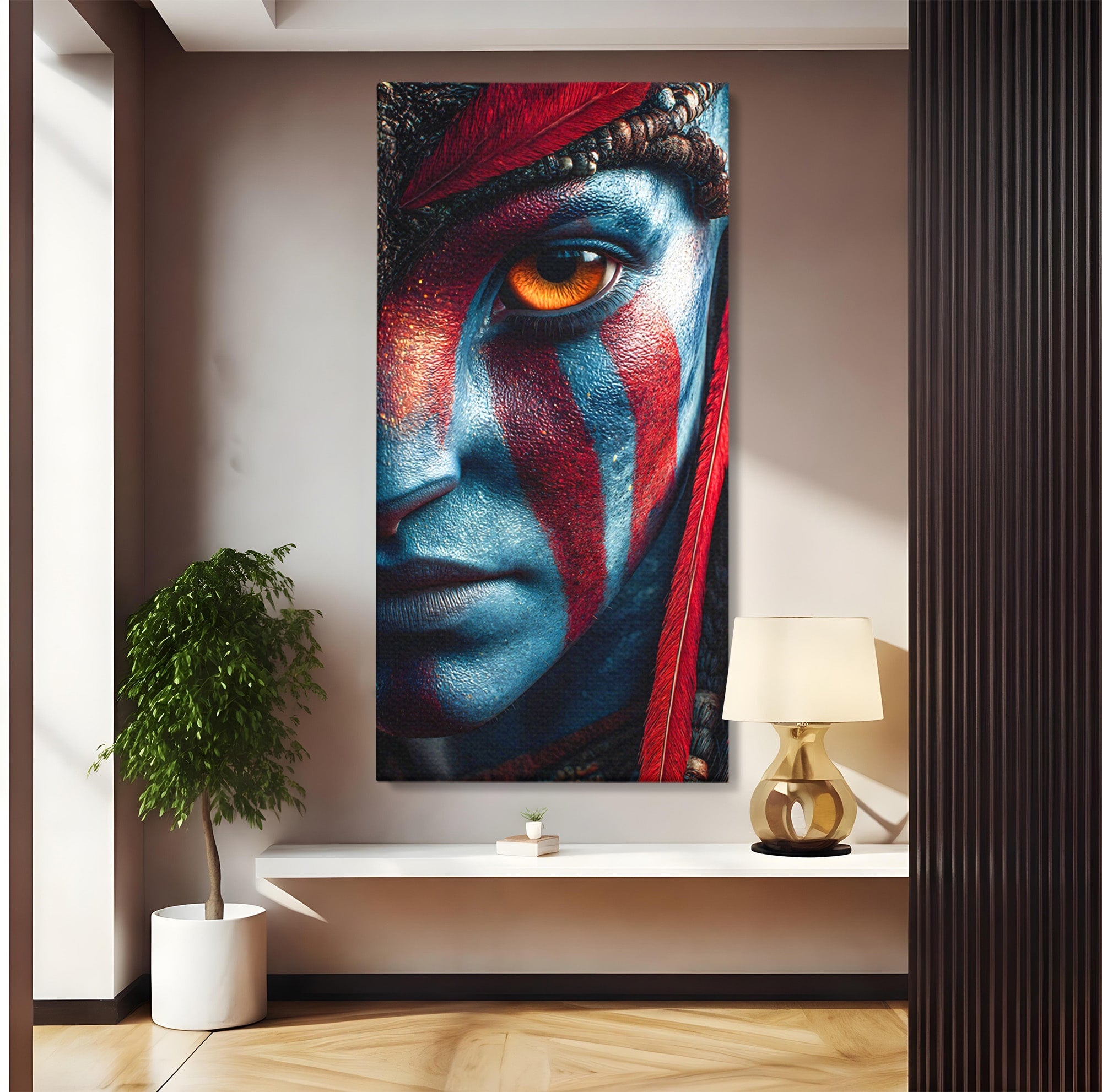 Tablou Canvas Premium LuxCanva® PI1252, Chipul Razboinicei, Portret, Fantezie, Neytiri, Detalii, Dormitor, Culori Vibrante