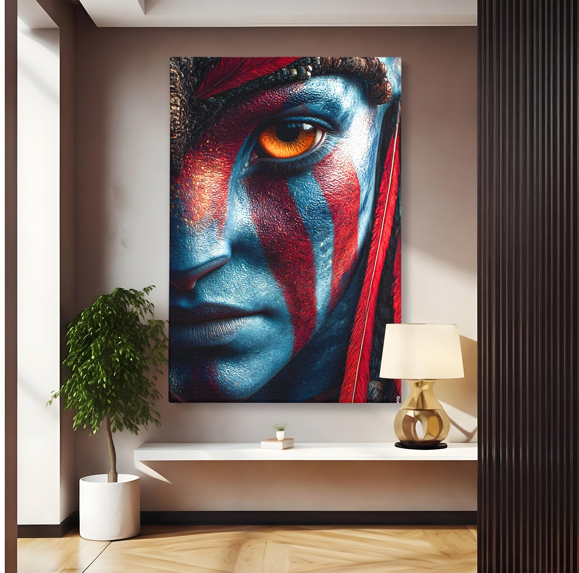 Tablou Canvas Premium LuxCanva® PI1252, Chipul Razboinicei, Portret, Fantezie, Neytiri, Detalii, Dormitor, Culori Vibrante