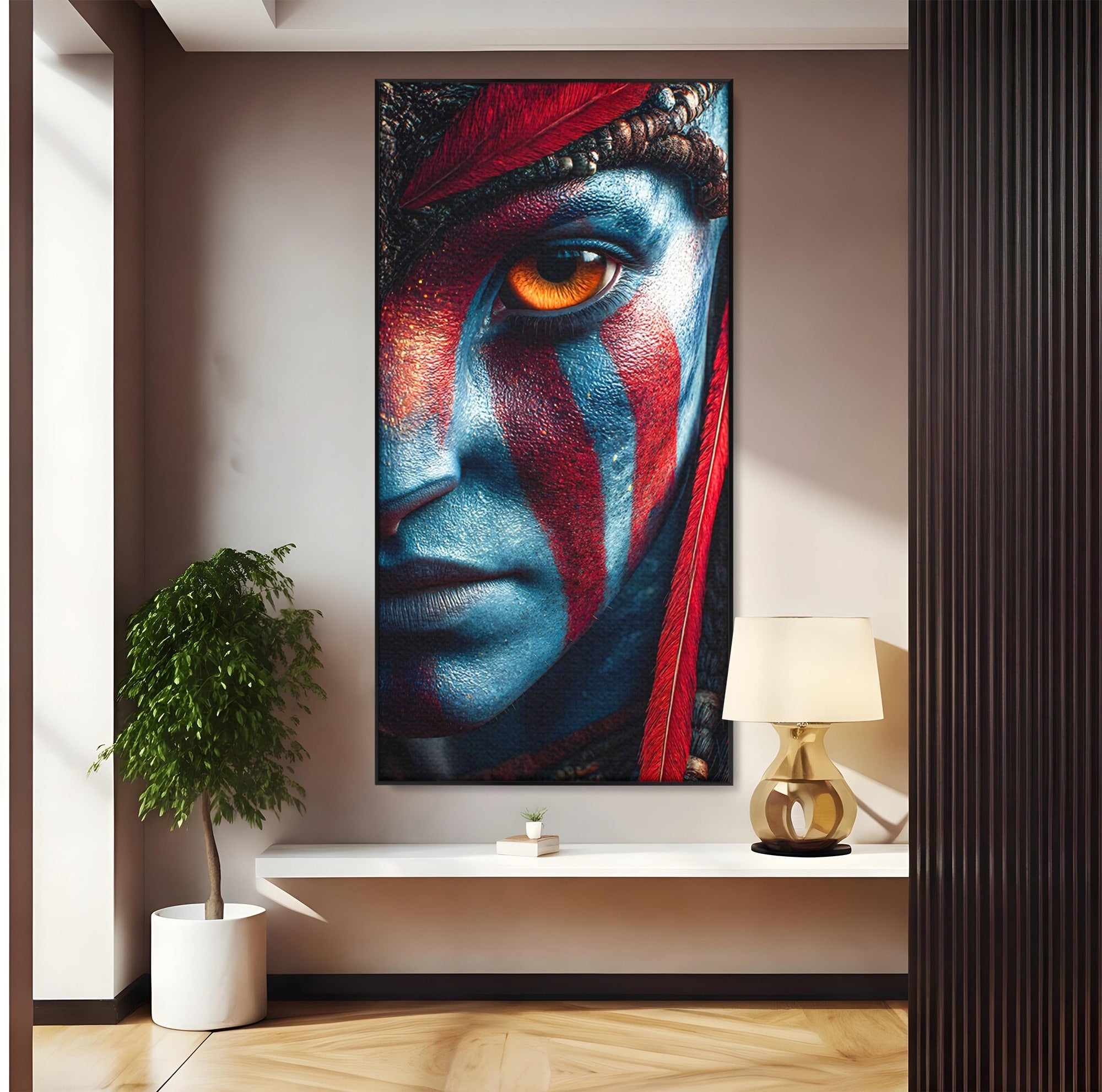 Tablou Canvas Premium LuxCanva® PI1252, Chipul Razboinicei, Portret, Fantezie, Neytiri, Detalii, Dormitor, Culori Vibrante