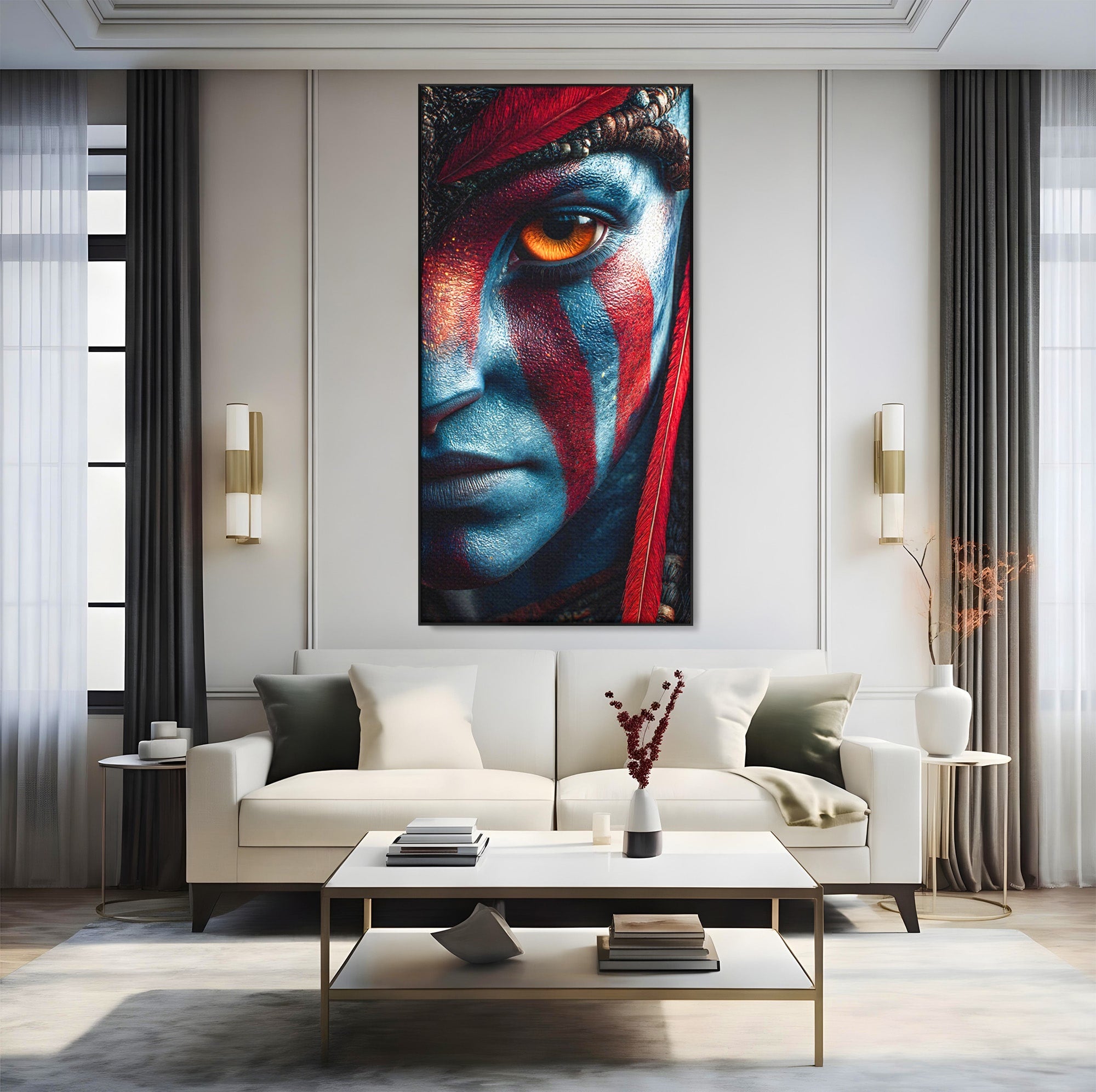 Tablou Canvas Premium LuxCanva® PI1252, Chipul Razboinicei, Portret, Fantezie, Neytiri, Detalii, Dormitor, Culori Vibrante