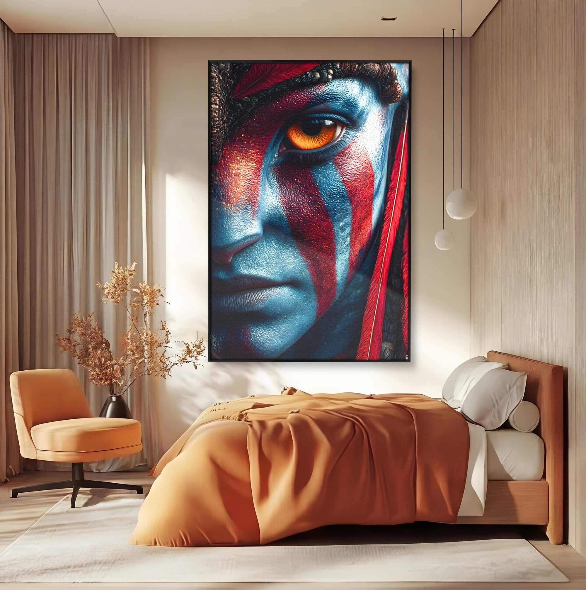 Tablou Canvas Premium LuxCanva® PI1252, Chipul Razboinicei, Portret, Fantezie, Neytiri, Detalii, Dormitor, Culori Vibrante