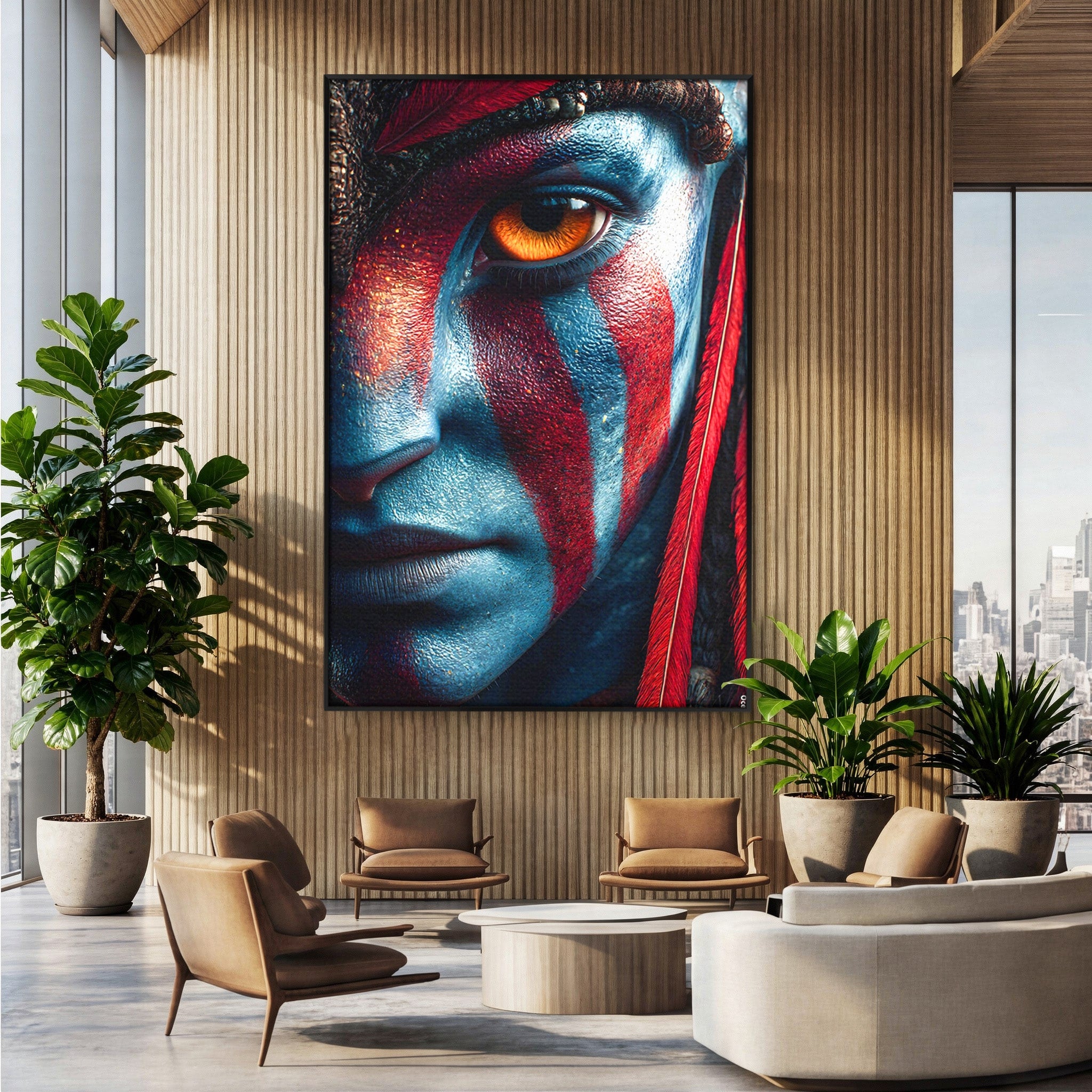 Tablou Canvas Premium LuxCanva® PI1252, Chipul Razboinicei, Portret, Fantezie, Neytiri, Detalii, Dormitor, Culori Vibrante