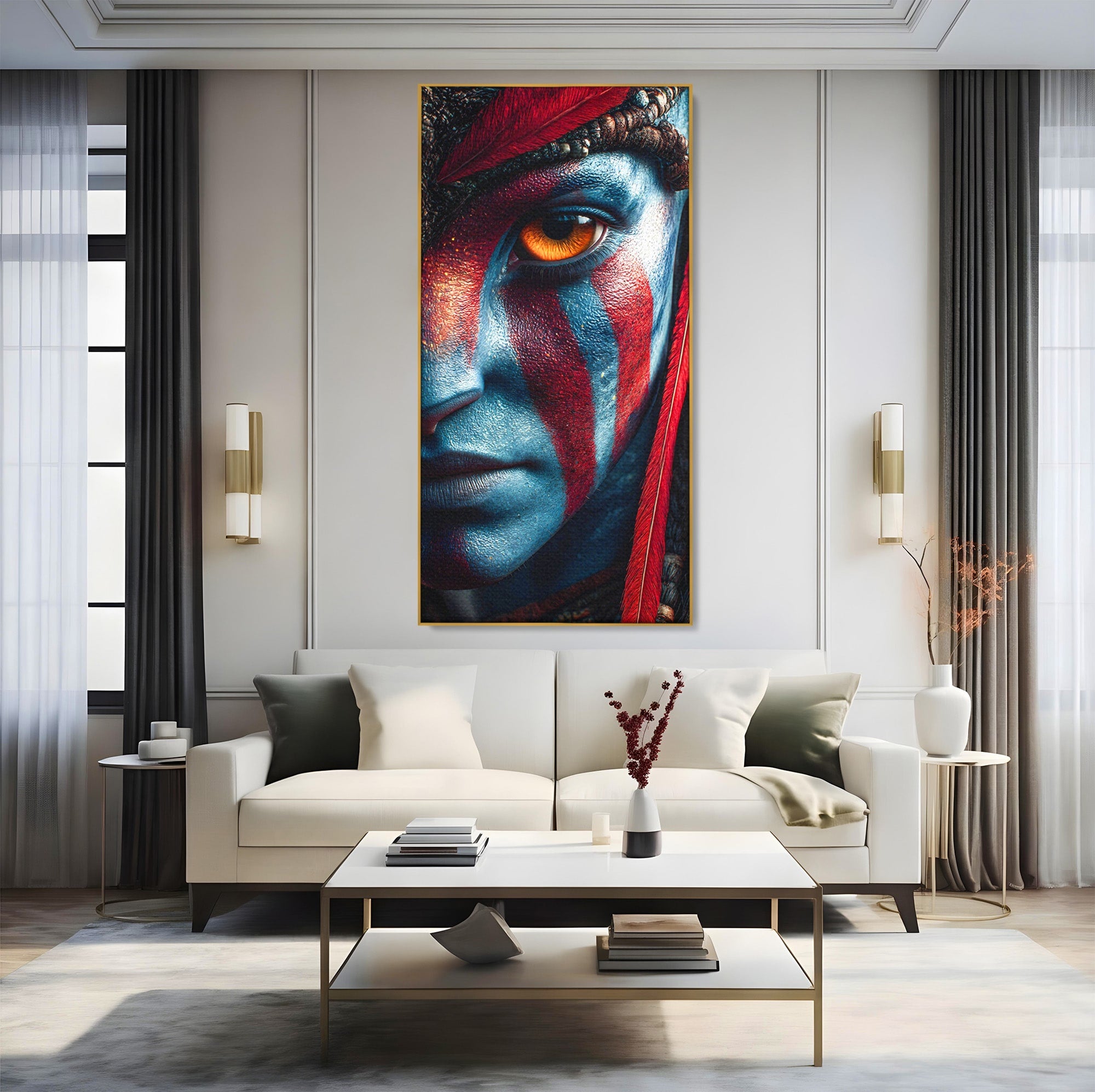 Tablou Canvas Premium LuxCanva® PI1252, Chipul Razboinicei, Portret, Fantezie, Neytiri, Detalii, Dormitor, Culori Vibrante