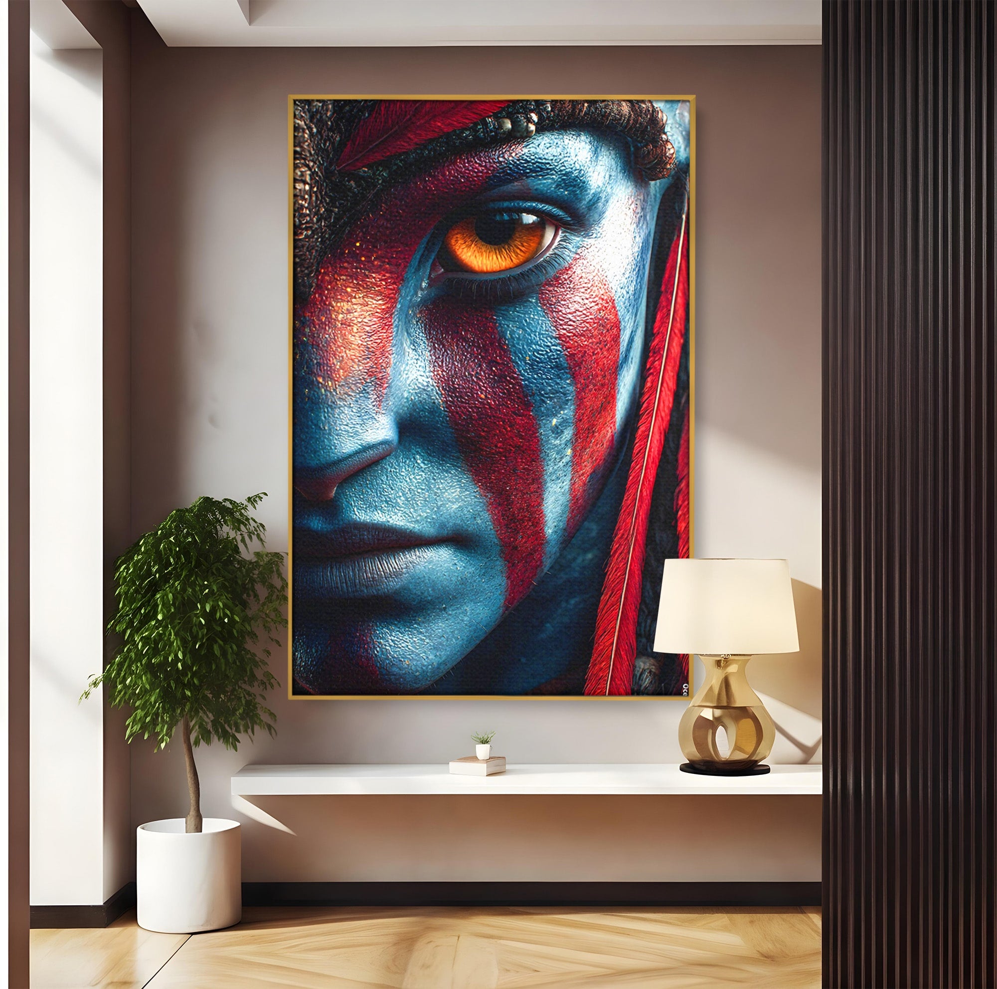 Tablou Canvas Premium LuxCanva® PI1252, Chipul Razboinicei, Portret, Fantezie, Neytiri, Detalii, Dormitor, Culori Vibrante