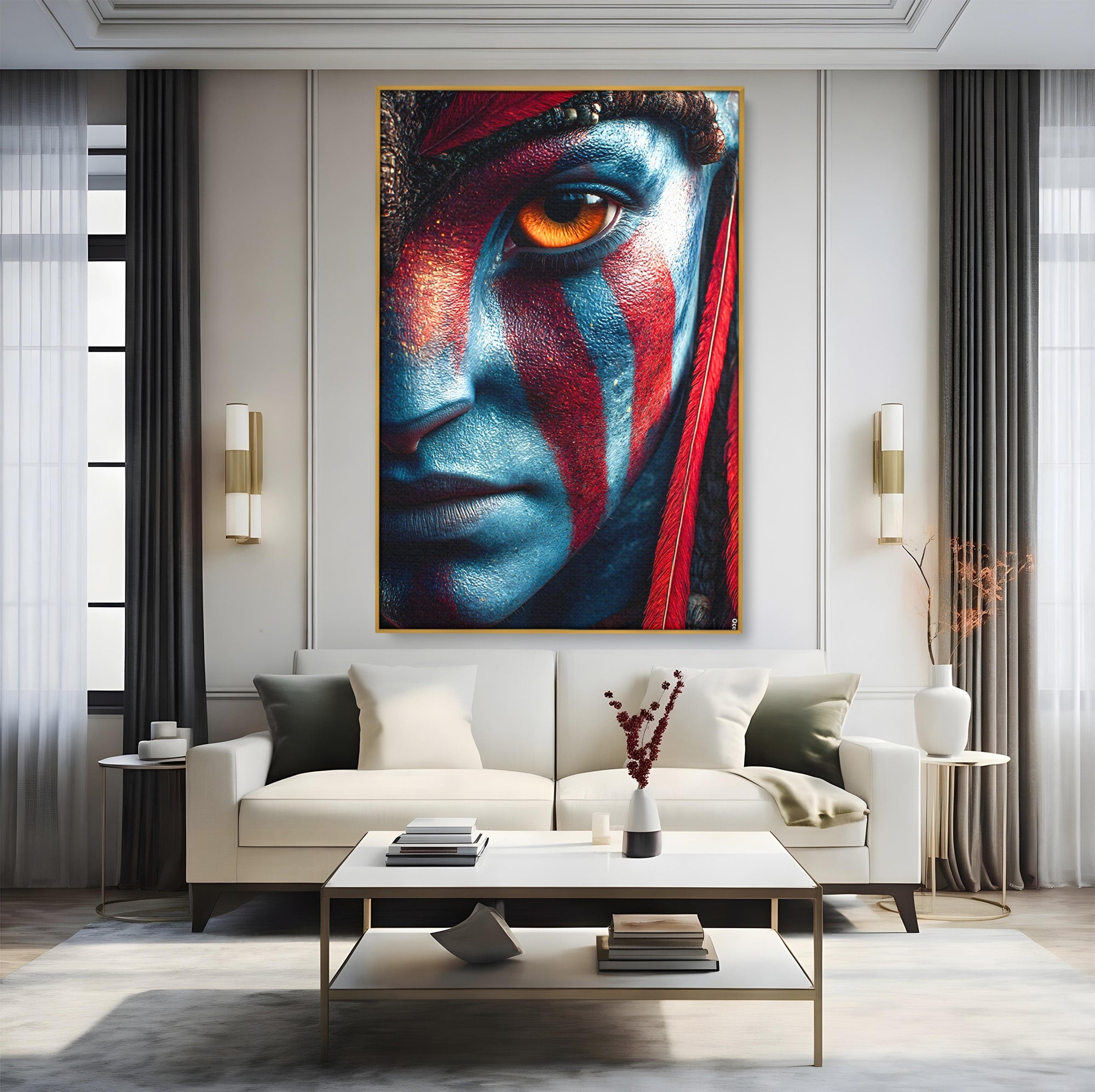 Tablou Canvas Premium LuxCanva® PI1252, Chipul Razboinicei, Portret, Fantezie, Neytiri, Detalii, Dormitor, Culori Vibrante